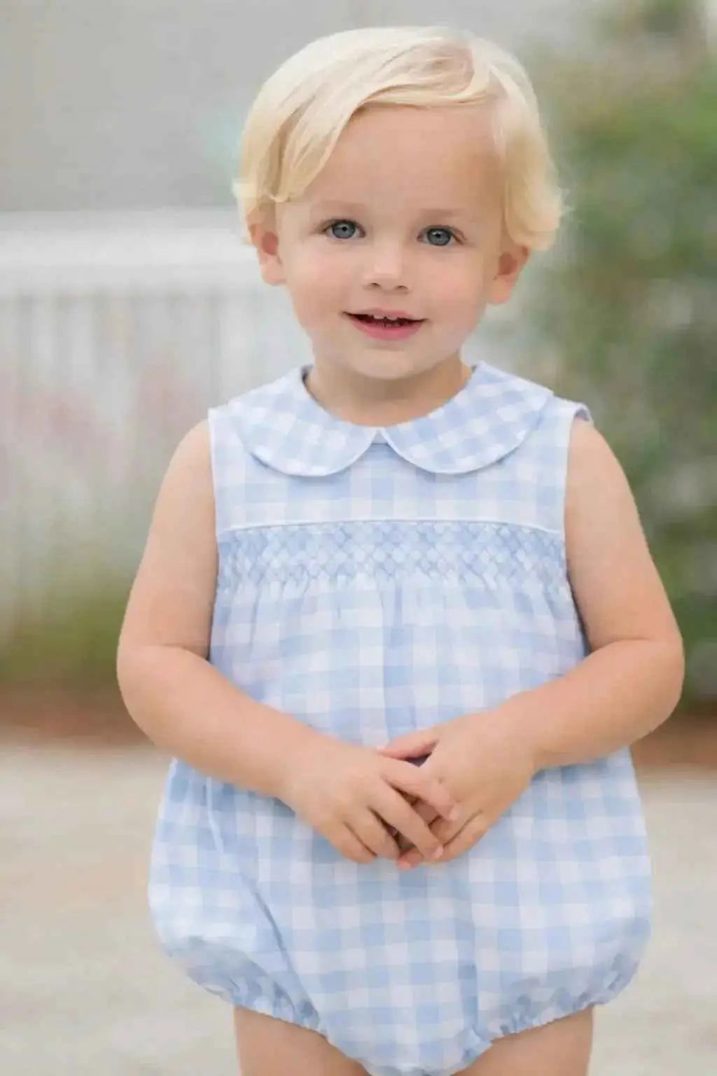SS26 Baby Boys Blue Gingham Summer Smock Romper