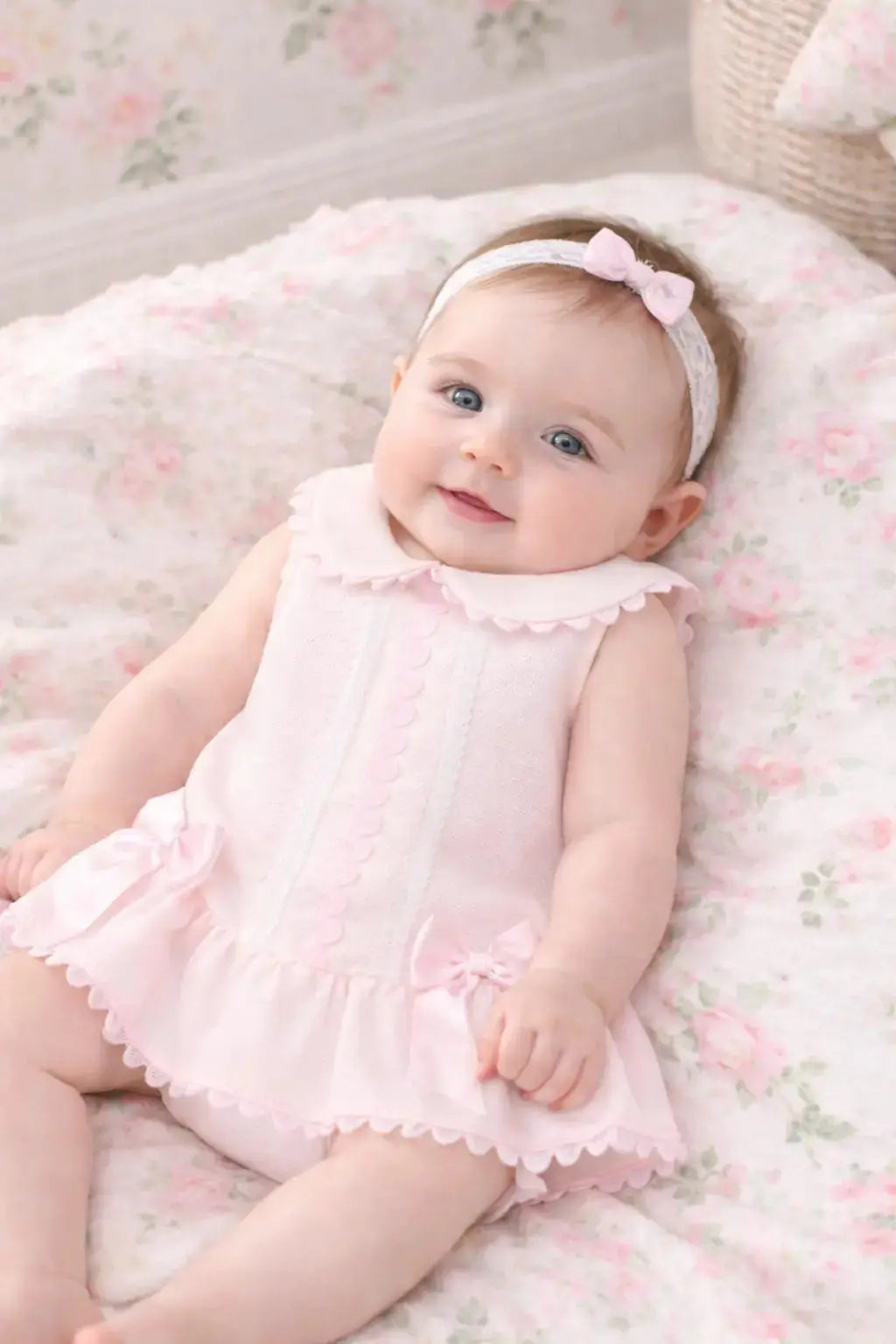 SS26 Baby Girls Pink Pique Trim Dress Dainty Delilah