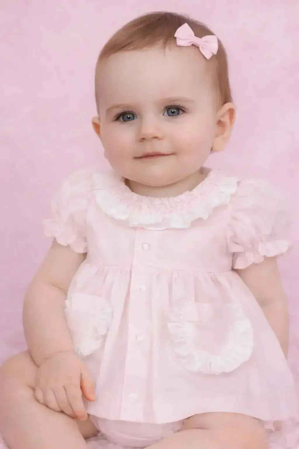 SS26 Baby Girls Pink Pocket Smock Dress & Knickers