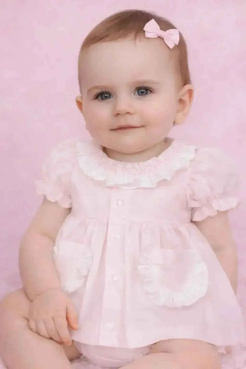 SS26 Baby Girls Pink Pocket Smock Dress & Knickers