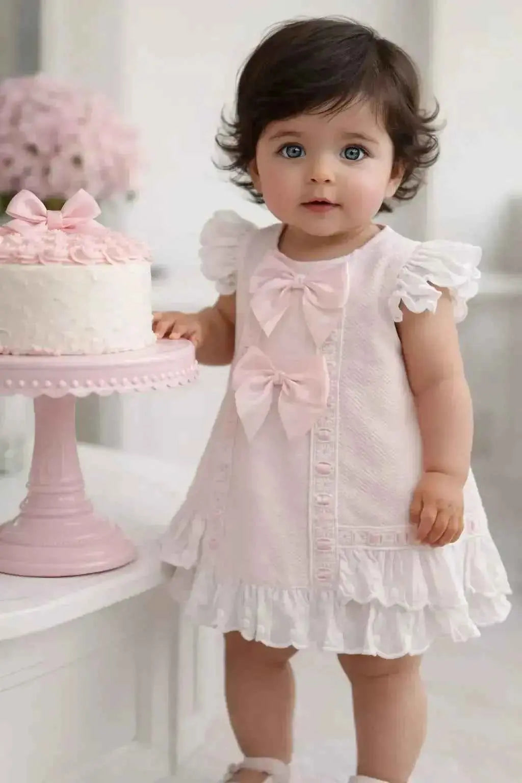 SS26 Baby Girls Pink Ribbon Pique A Line Dress
