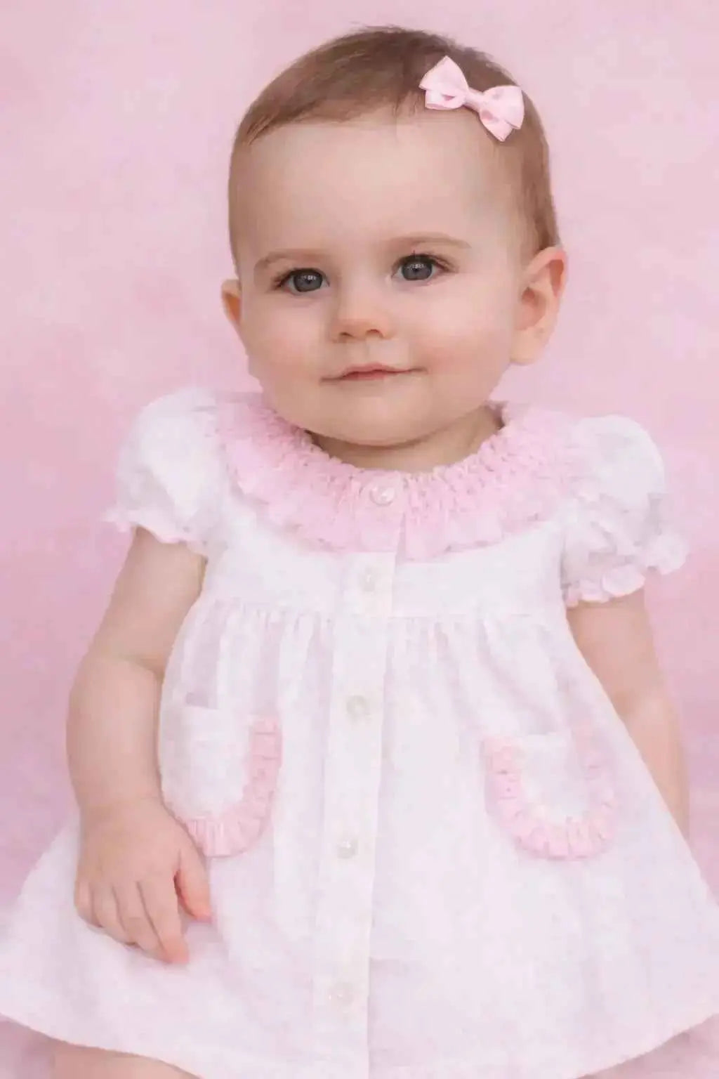 SS26 Baby Girls Pink Spot Smock Dress & Knickers