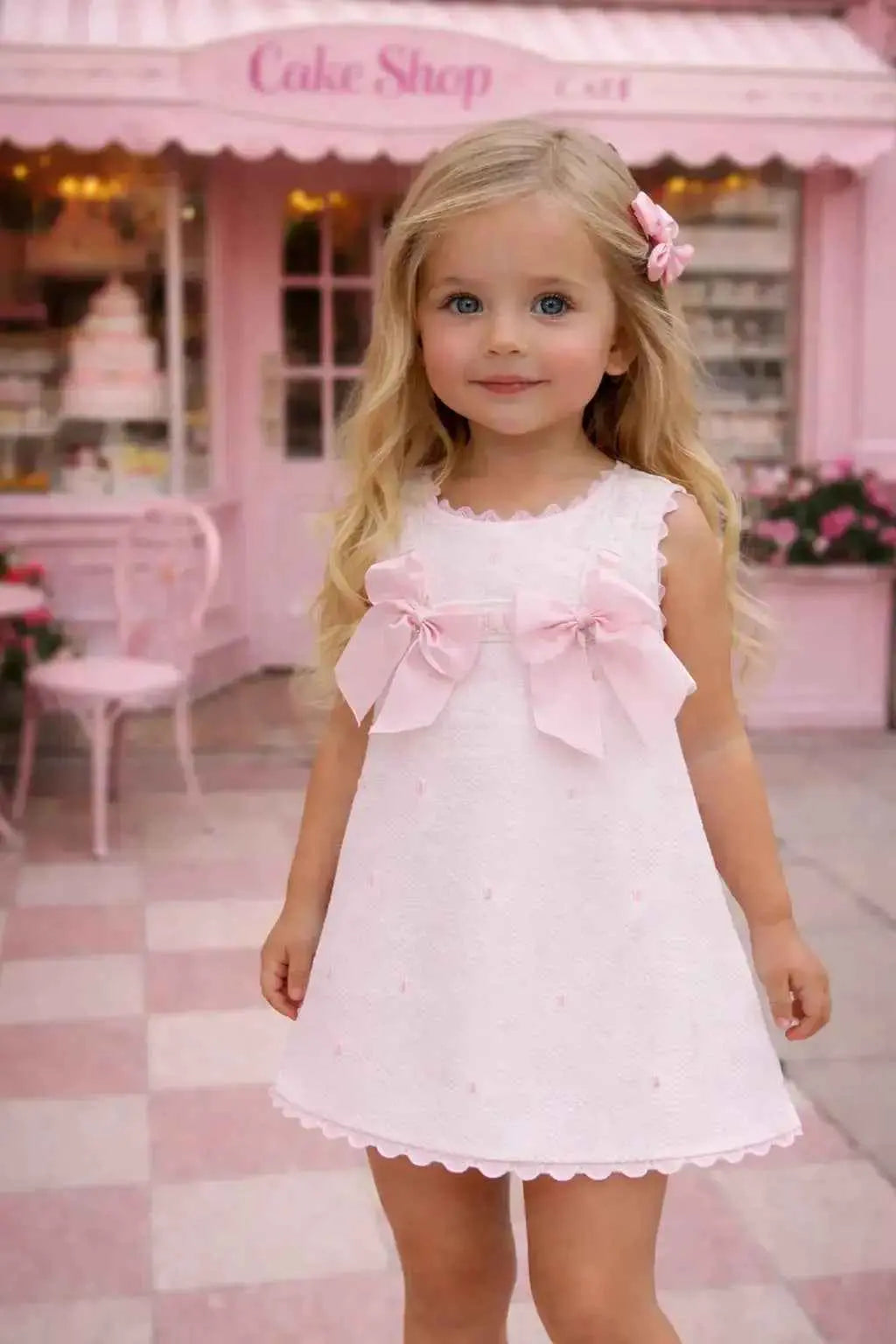 SS26 Baby Girls White & Pink Pique A Line Dress
