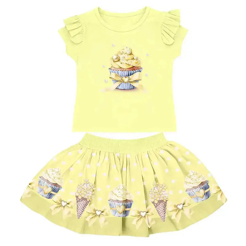 SS26 Girls Lemon Cupcake T-Shirt & Skirt Set Dainty Delilah