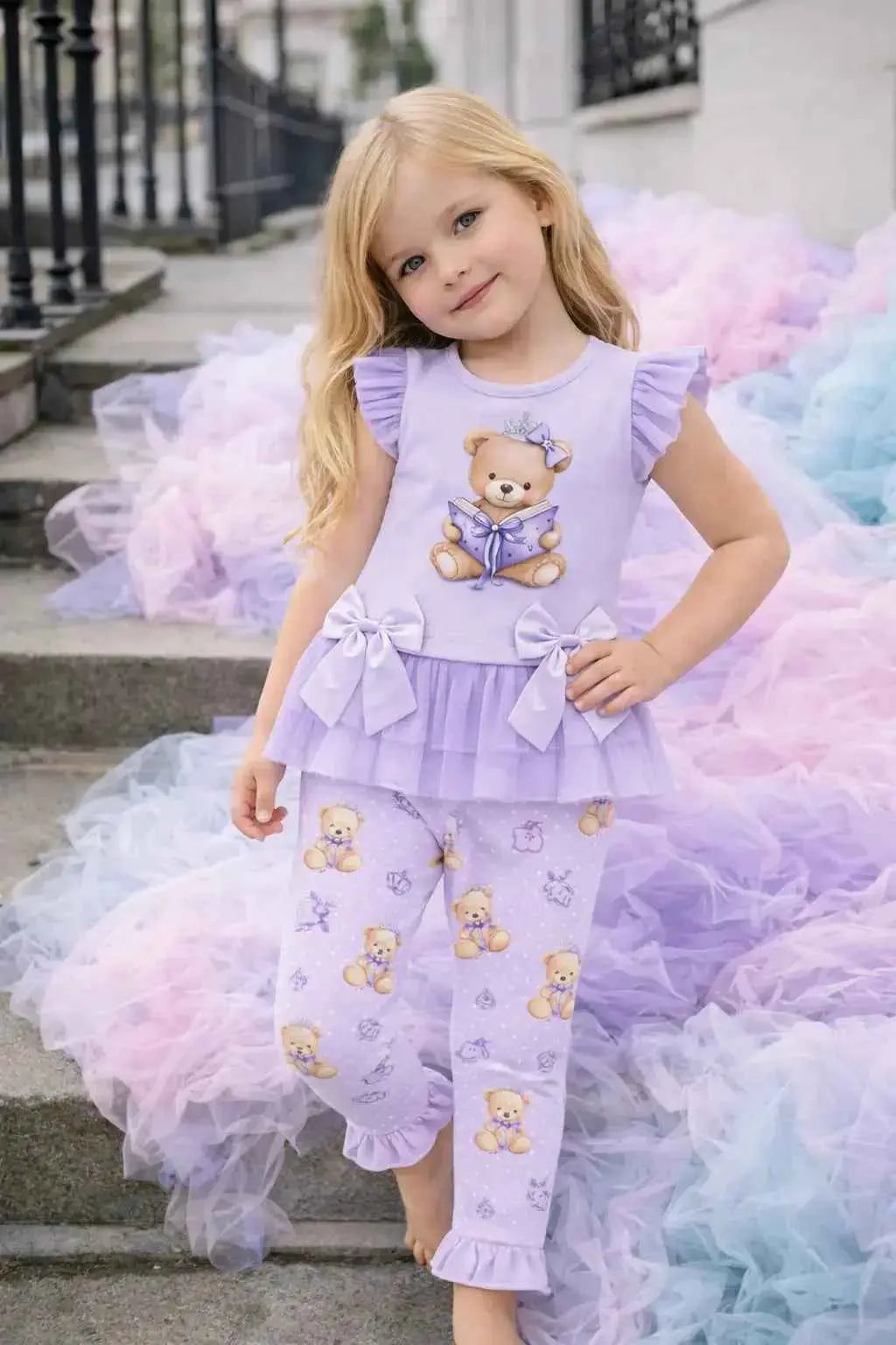 SS26 Girls Lilac Tulle Teddy Bear T-Shirt & Legging Set