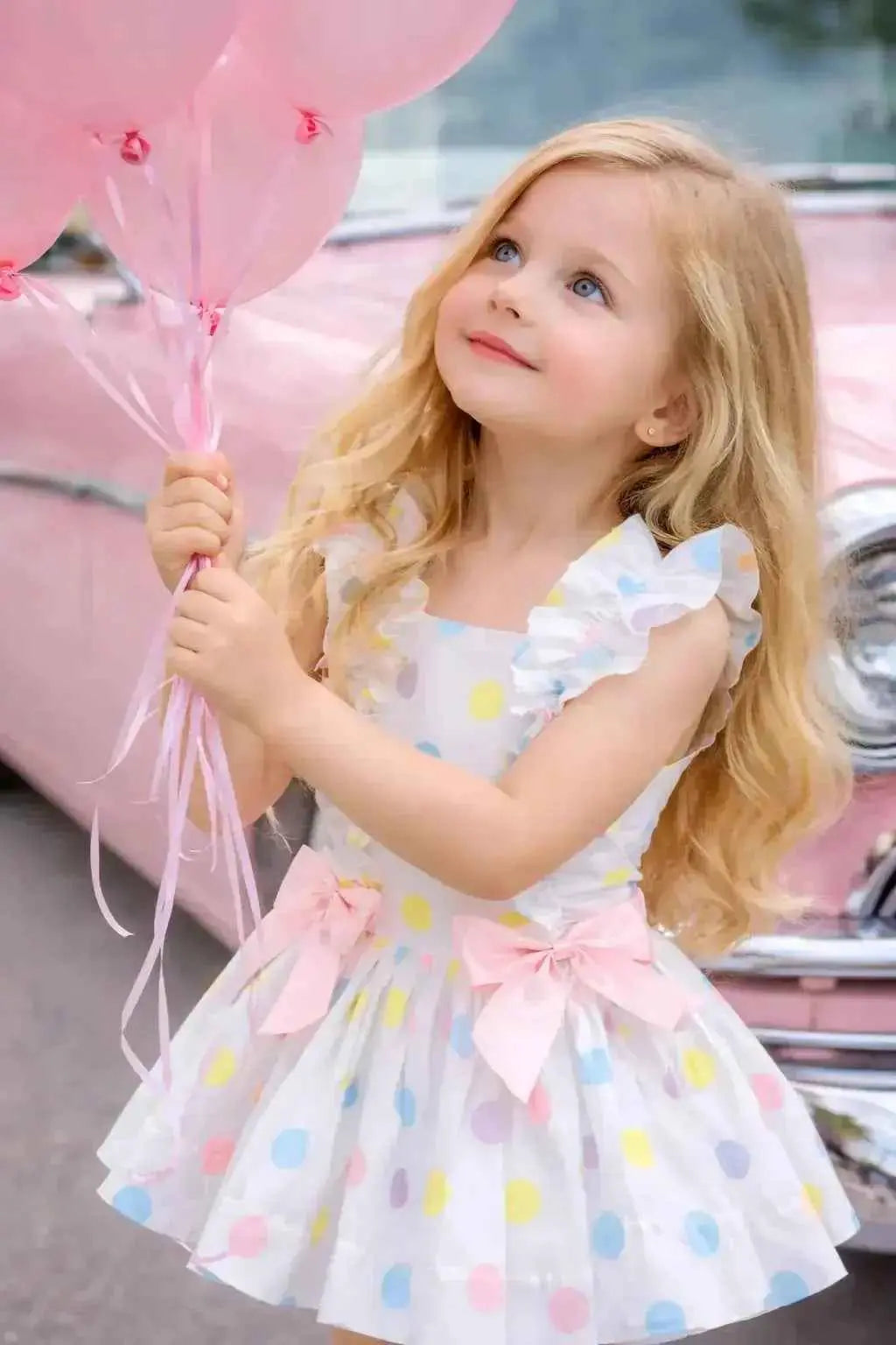 SS26 Girls Pastel Polkadot Drop Waist Dress