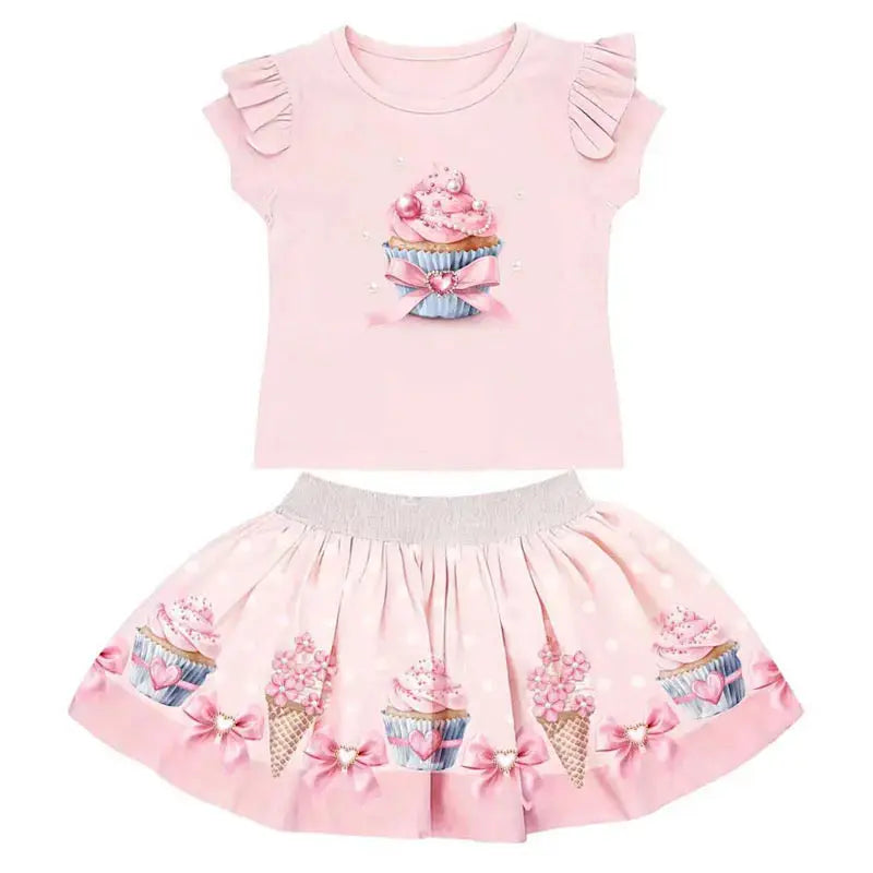 SS26 Girls Pink Cupcake T-Shirt & Skirt Set Dainty Delilah