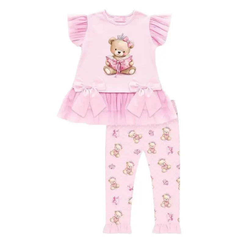SS26 Girls Pink Tulle Teddy Bear T-Shirt & Legging Set Dainty Delilah