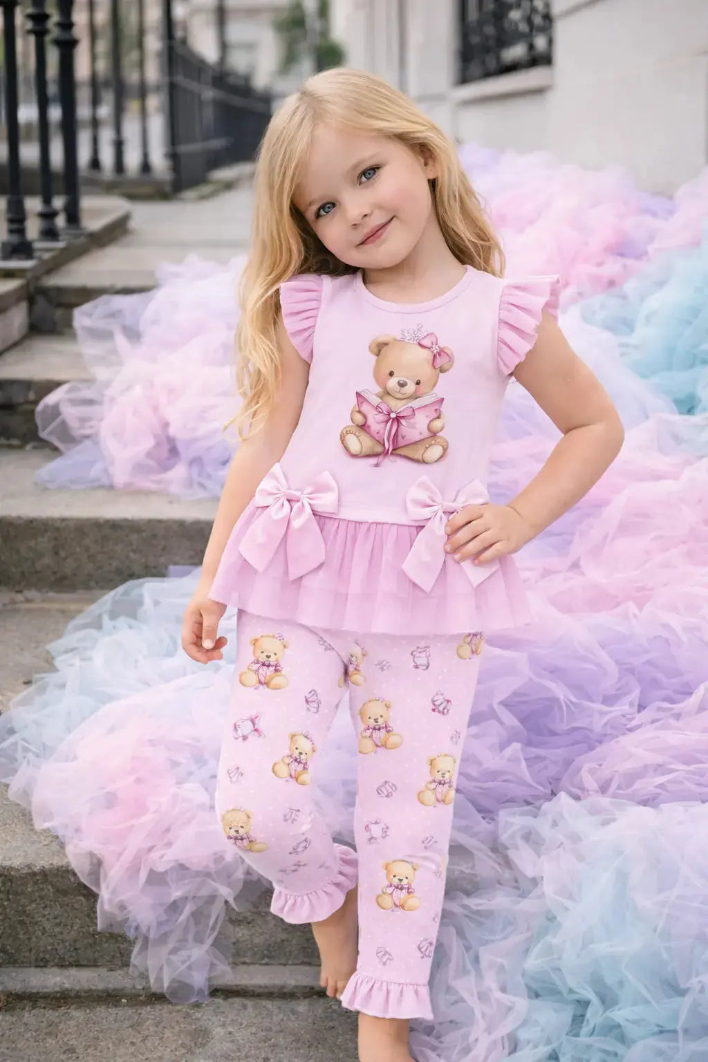 SS26 Girls Pink Tulle Teddy Bear T-Shirt & Legging Set Dainty Delilah