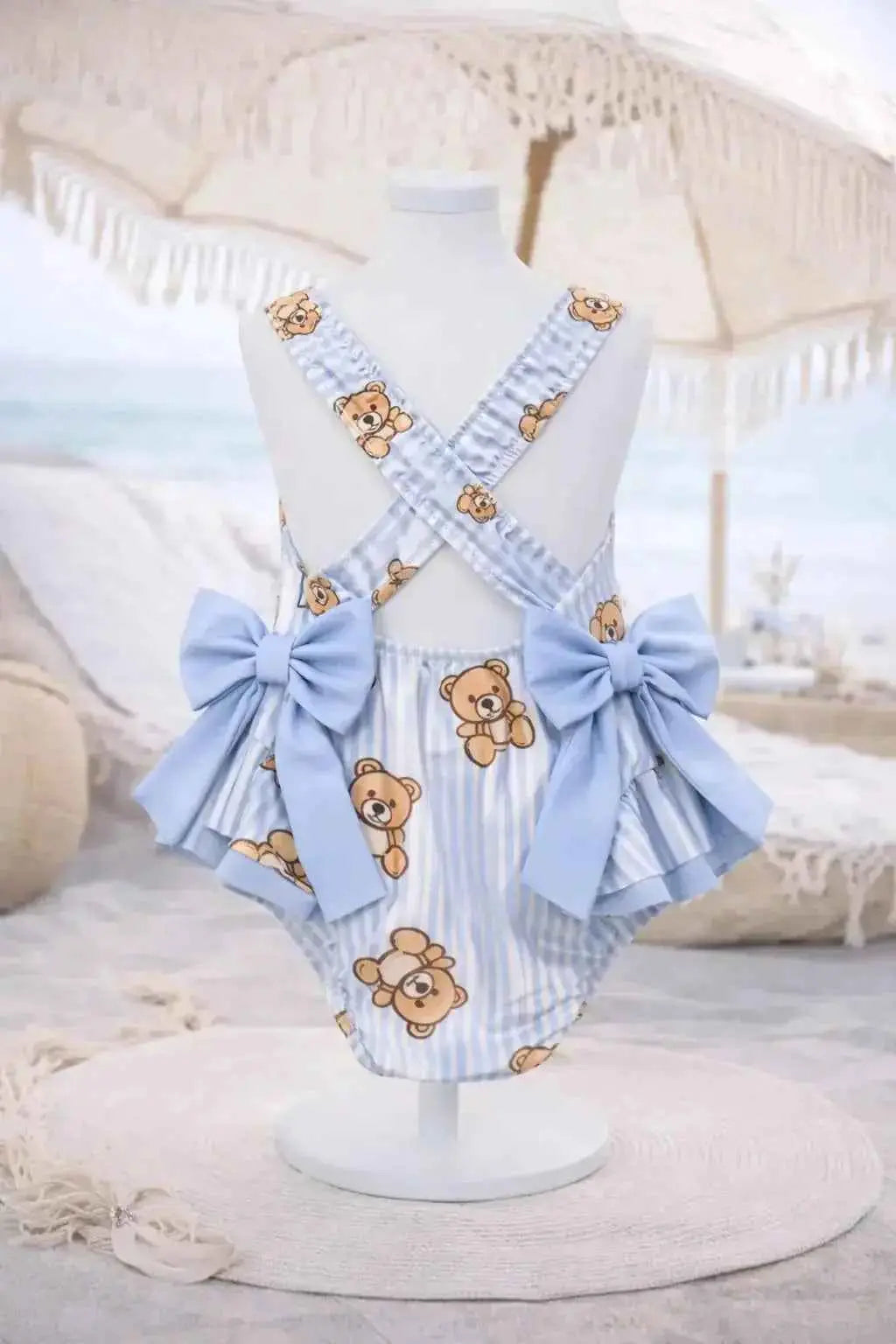 SS26 Girls Summer Blue Bear Frilly Bow Swimming Costume