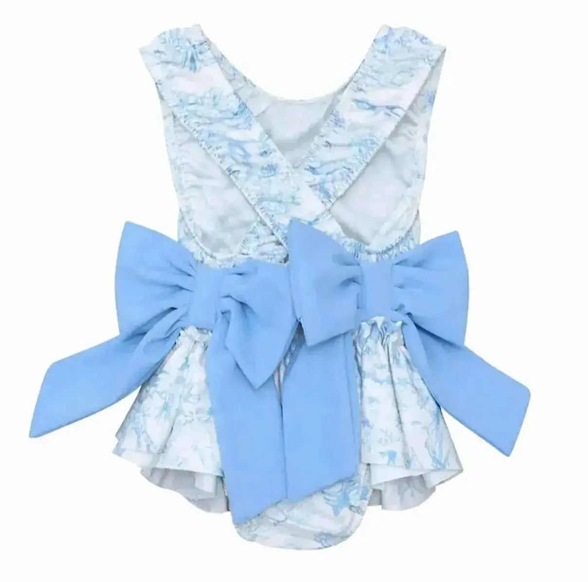 SS26 Girls Summer Blue Toile Frilly Bow Swimming Costume