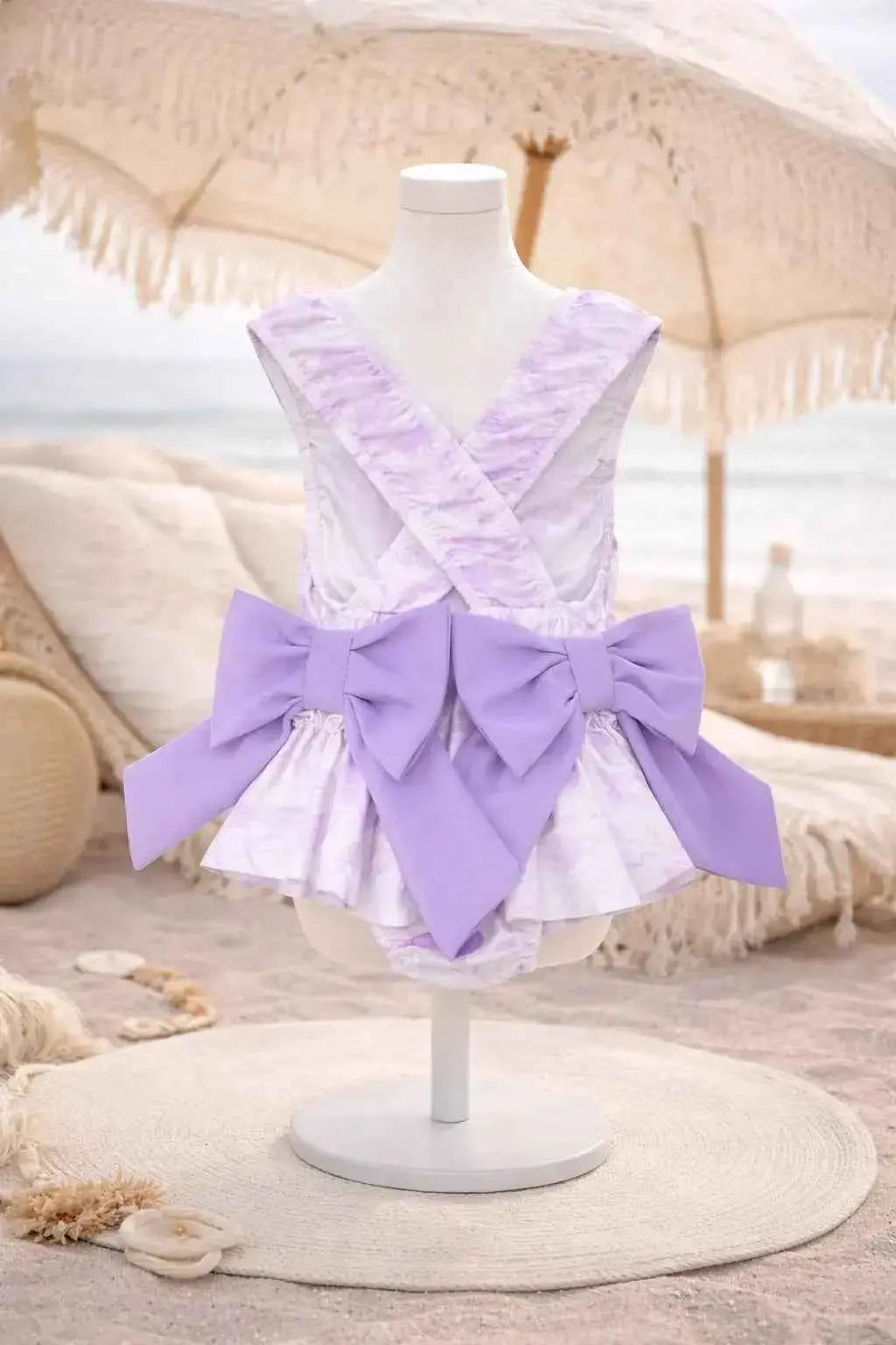 SS26 Girls Summer Lilac Toile Frilly Bow Swimming Costume