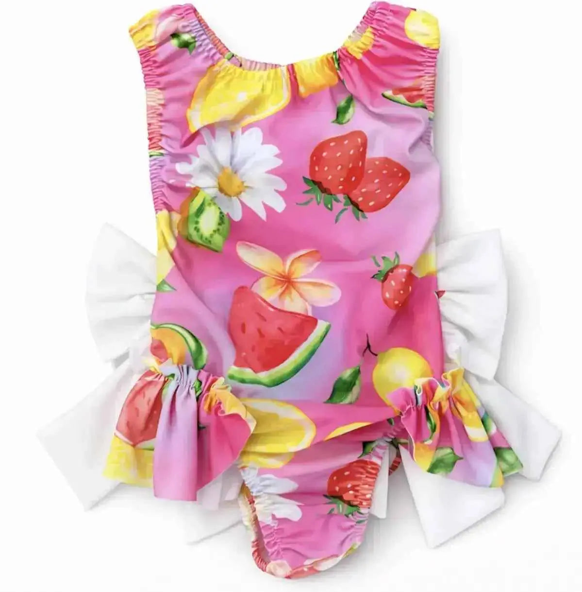 SS26 Girls Summer Pink Fruit Frilly Bow Swimming Costume