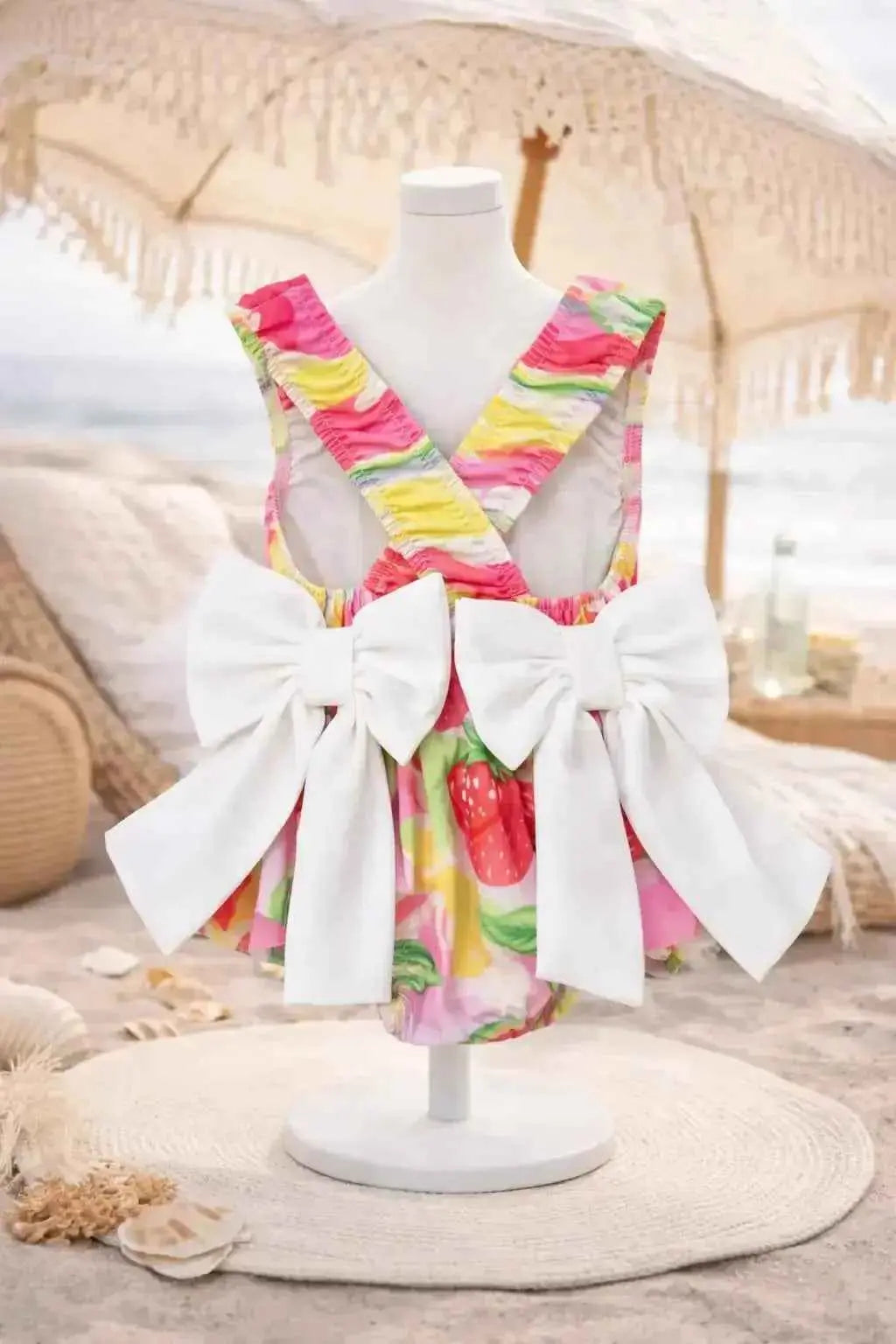 SS26 Girls Summer Pink Fruit Frilly Bow Swimming Costume