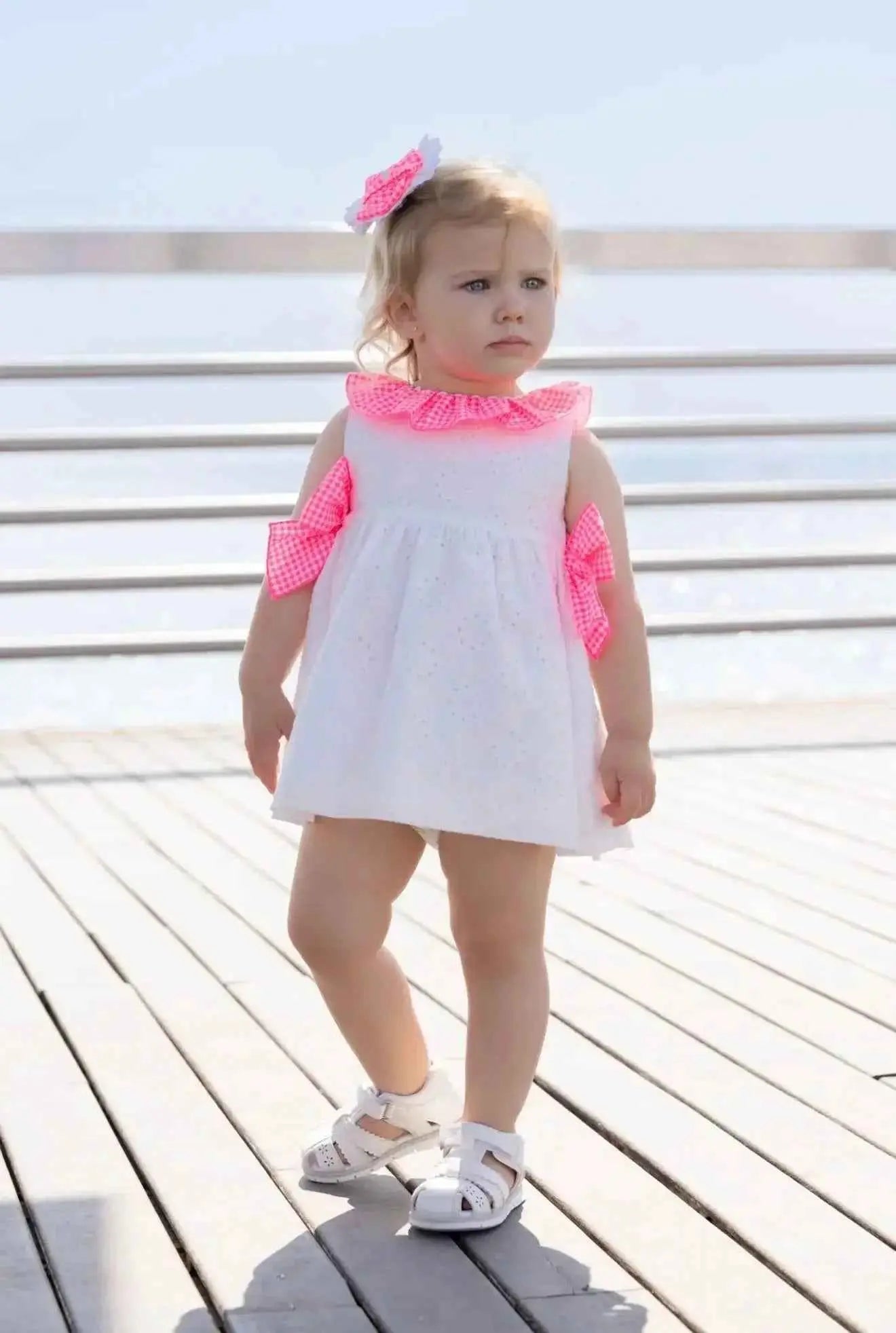 SS26 Miranda Baby Girls White & Neon Pink Sun Dress