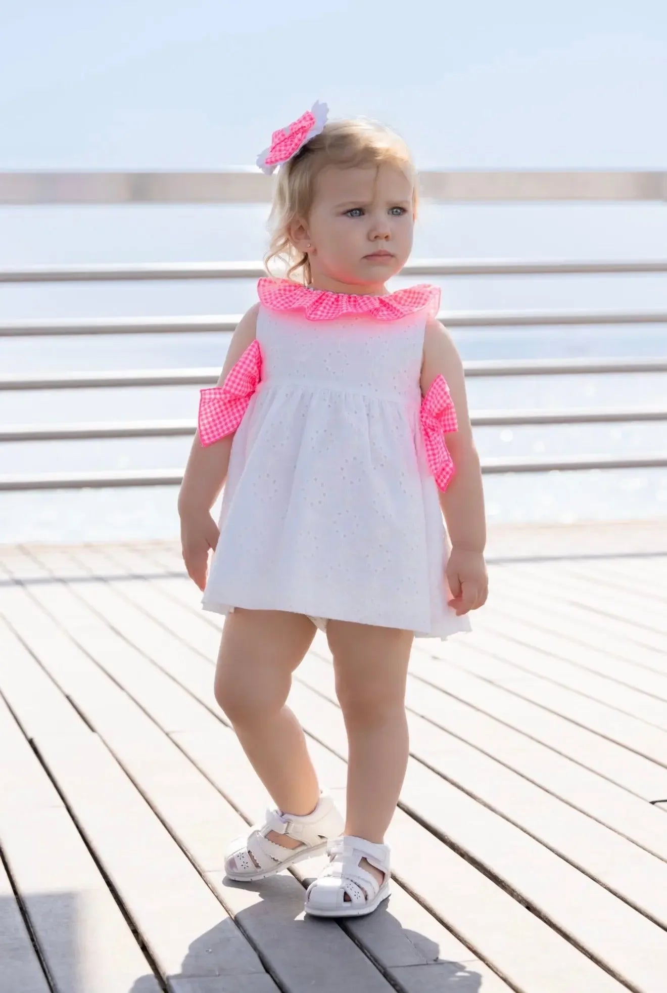 SS26 Miranda Baby Girls White & Neon Pink Sun Dress