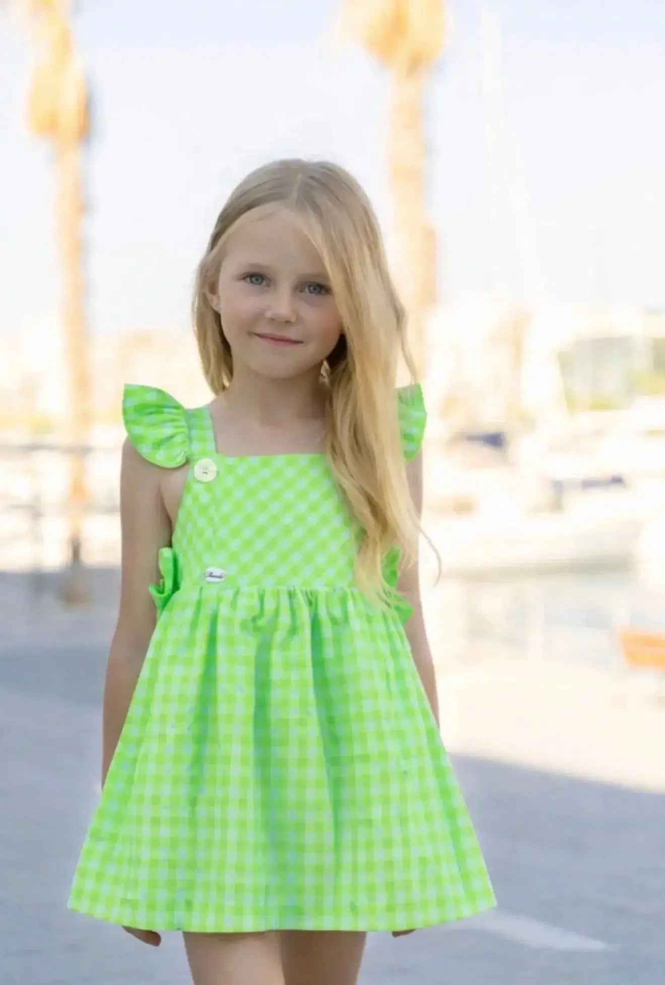 SS26 Miranda Girls Neon Lime Check Sun Dress