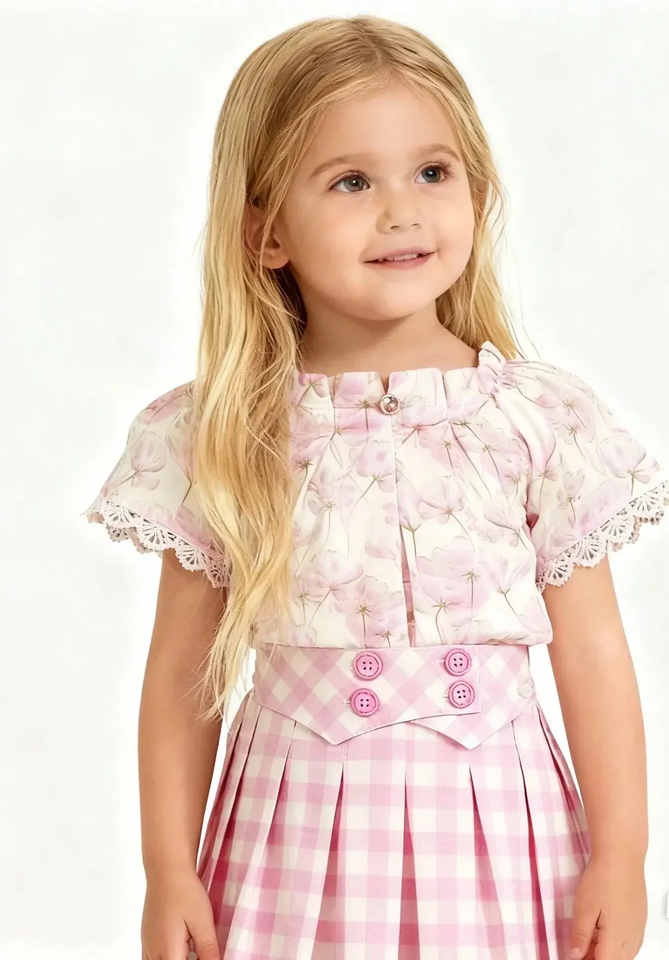 Miranda Girls Pink Floral Shirt & Gingham Skirt Miranda