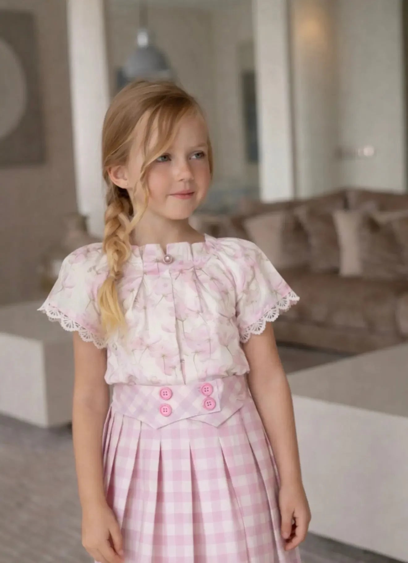 Miranda Girls Pink Floral Shirt & Gingham Skirt Miranda