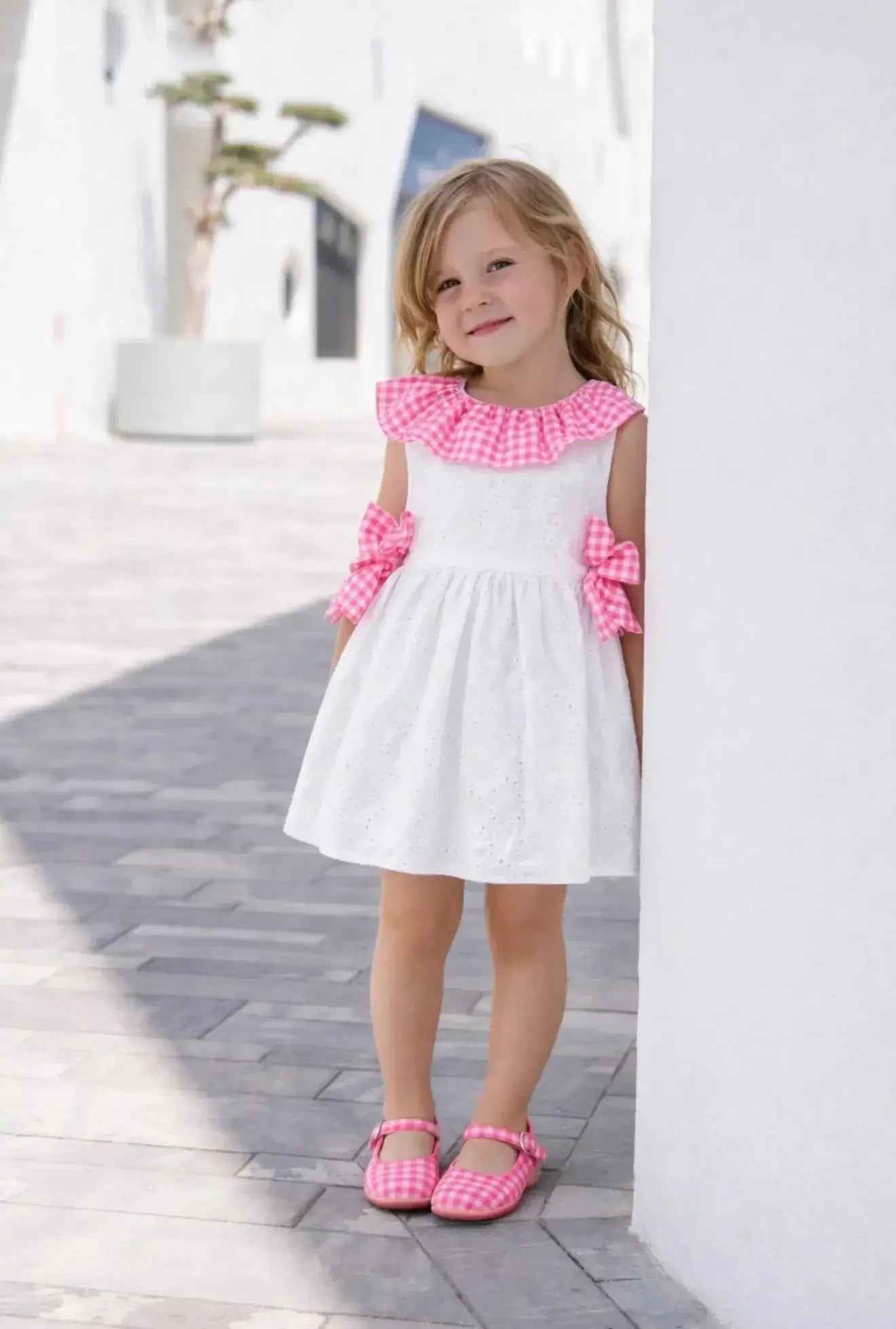 SS26 Miranda Girls White & Neon Pink Sun Dress