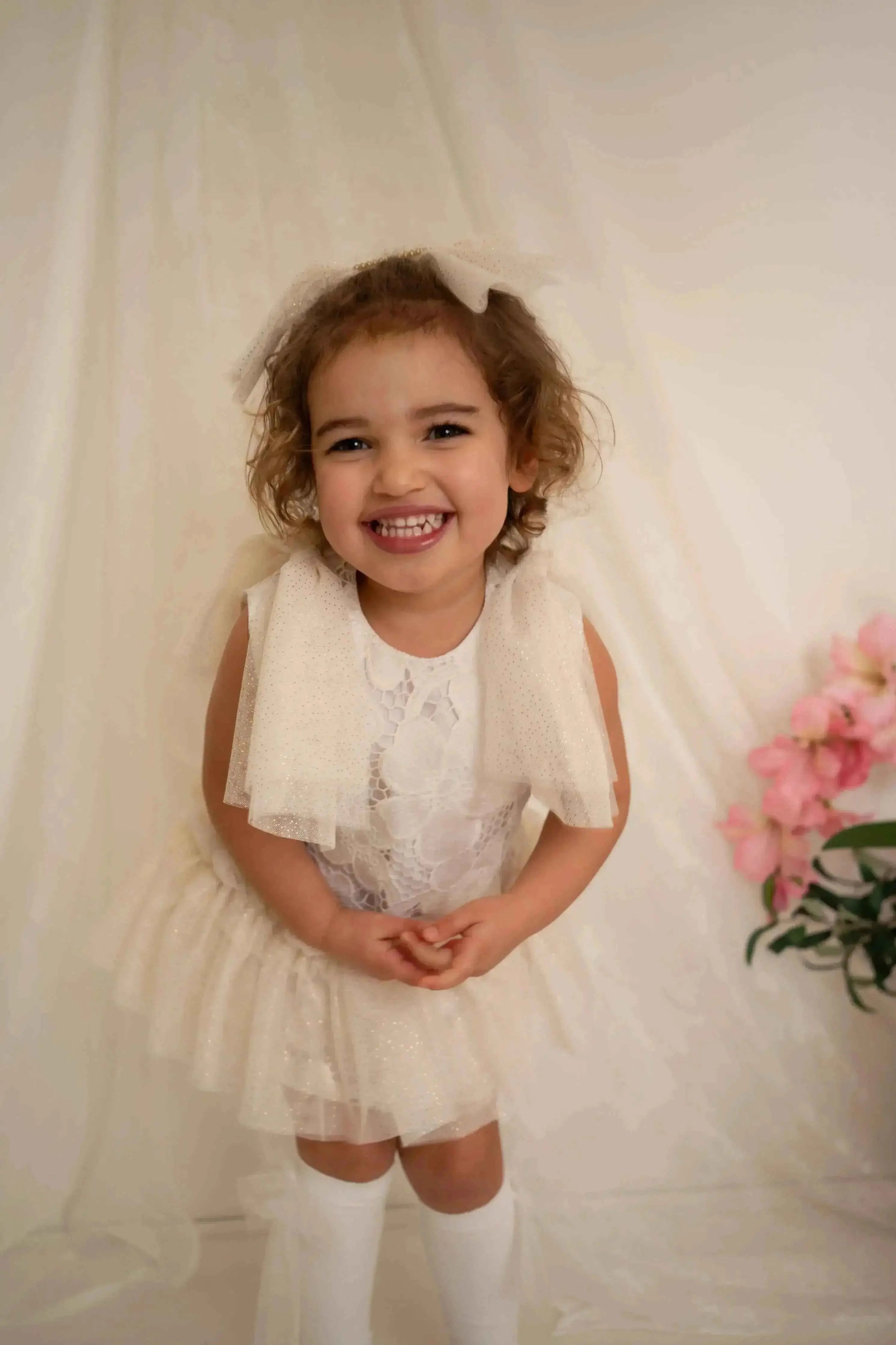 SS26 Naxos Baby Girls Cream Glitter Tulle Dress & Knickers