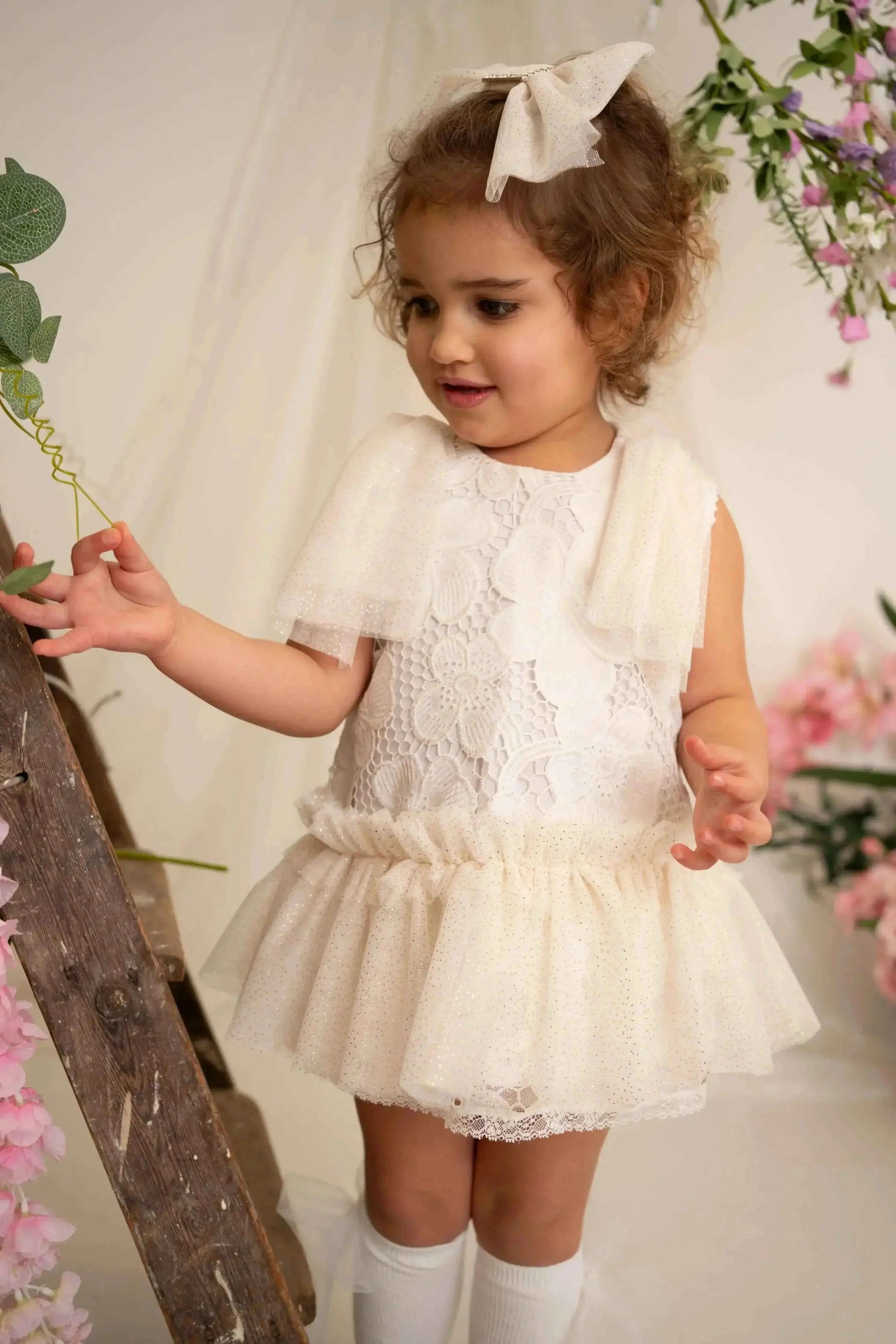 SS26 Naxos Baby Girls Cream Glitter Tulle Dress & Knickers