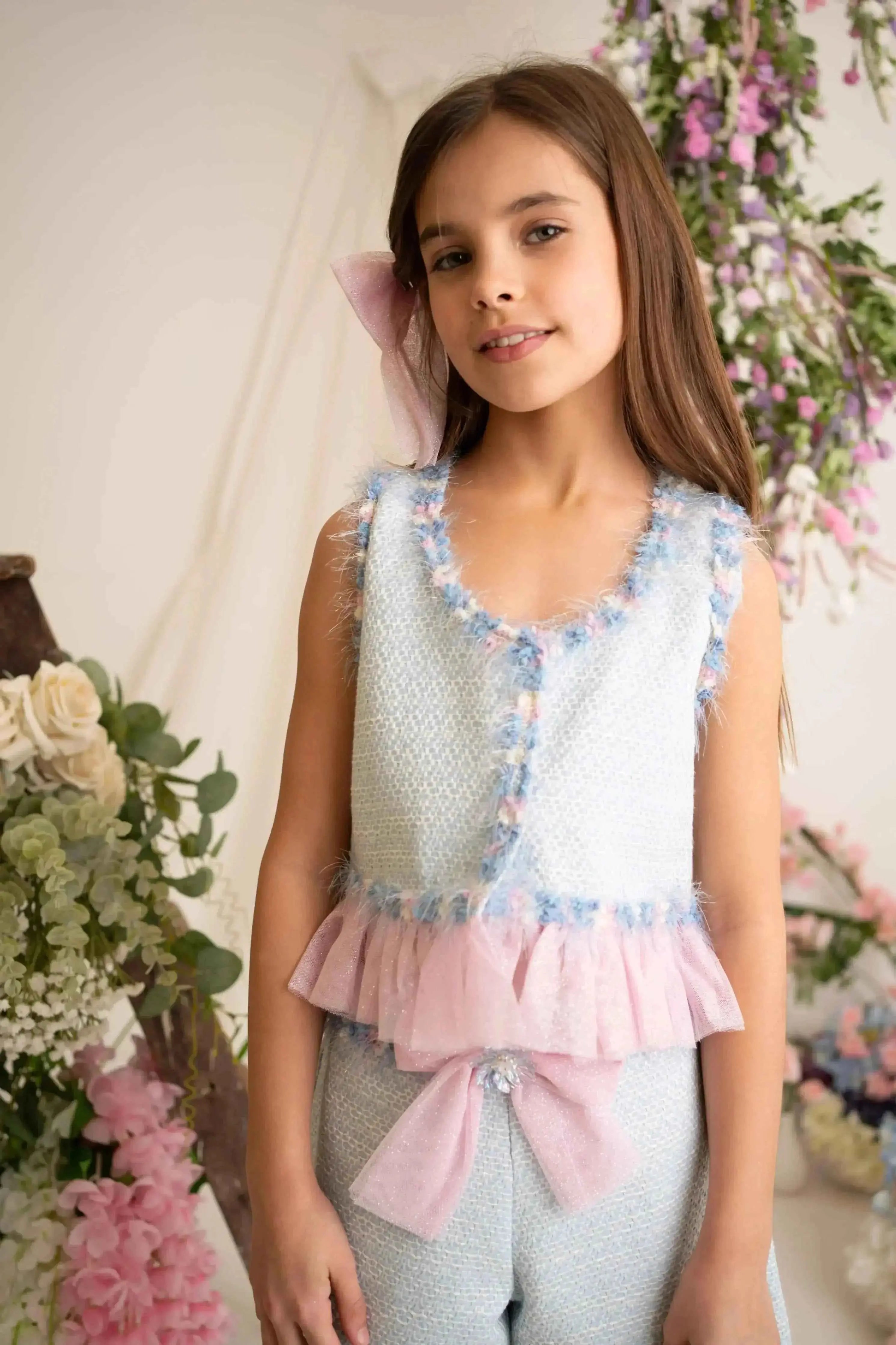 SS26 Naxos Girls Bubblegum Tweed Blouse & Short Set