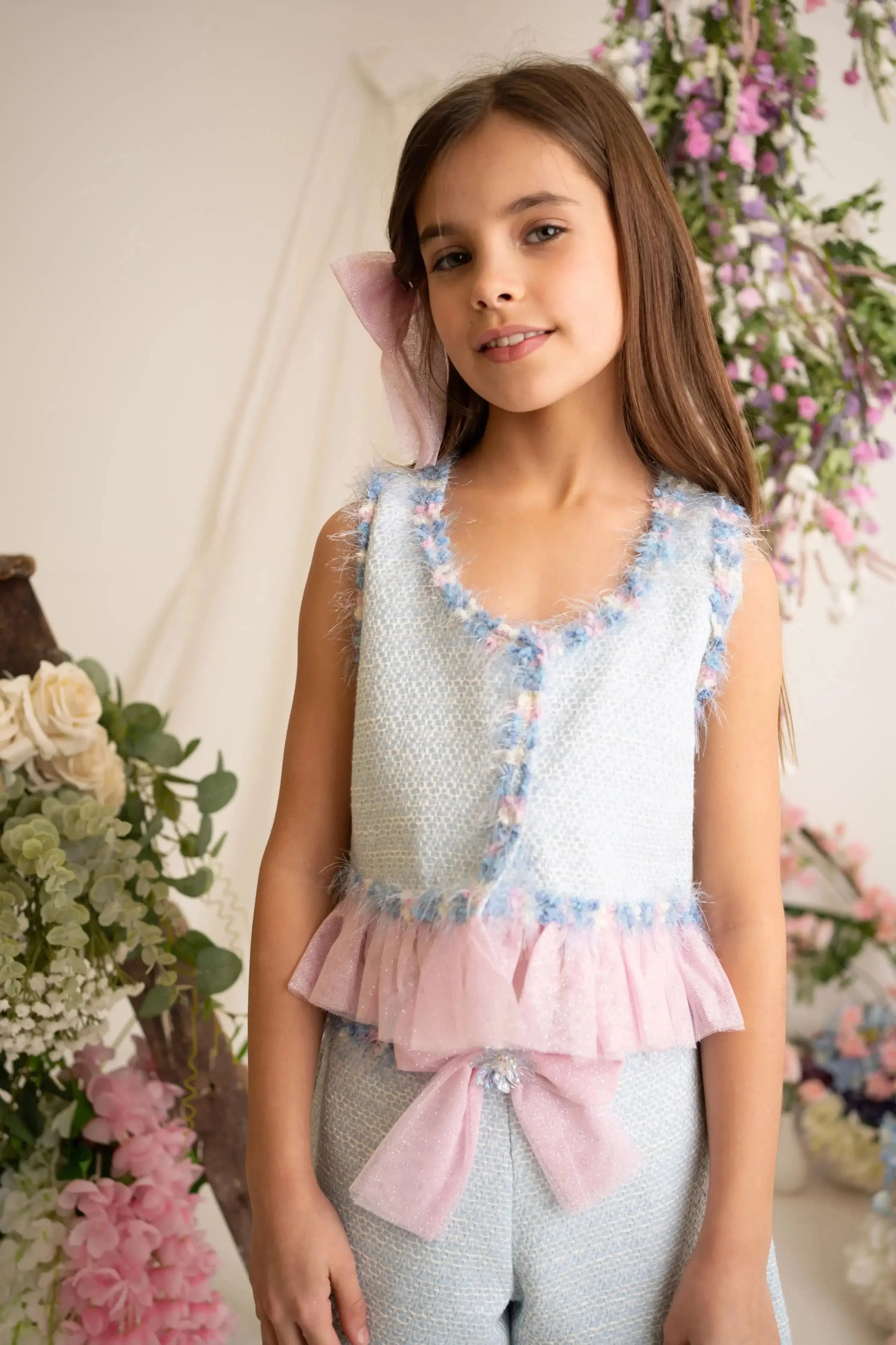 SS26 Naxos Girls Bubblegum Tweed Blouse & Short Set Naxos