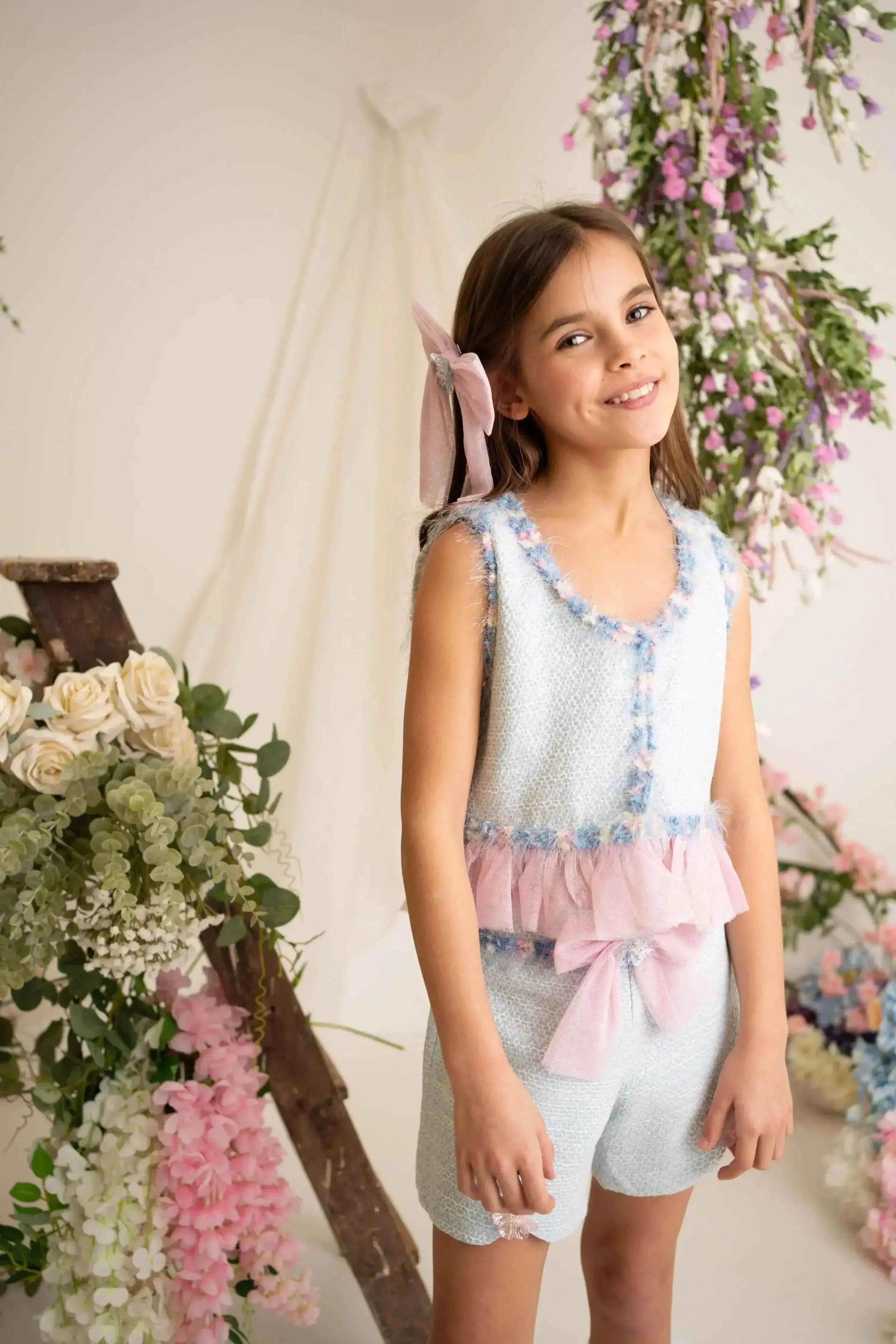 SS26 Naxos Girls Bubblegum Tweed Blouse & Short Set