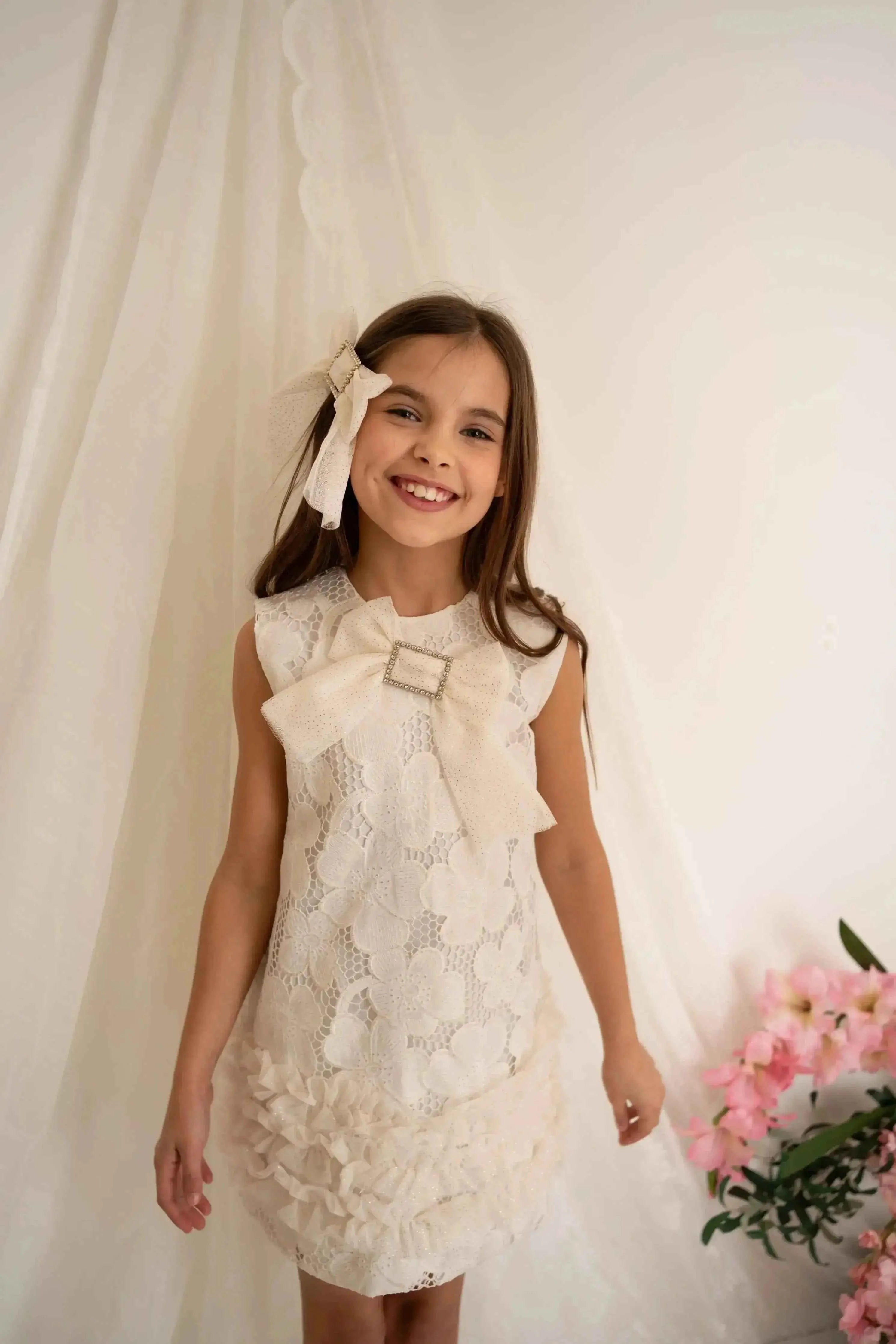 SS26 Naxos Girls Gold Glitter Lace Tulle Dress