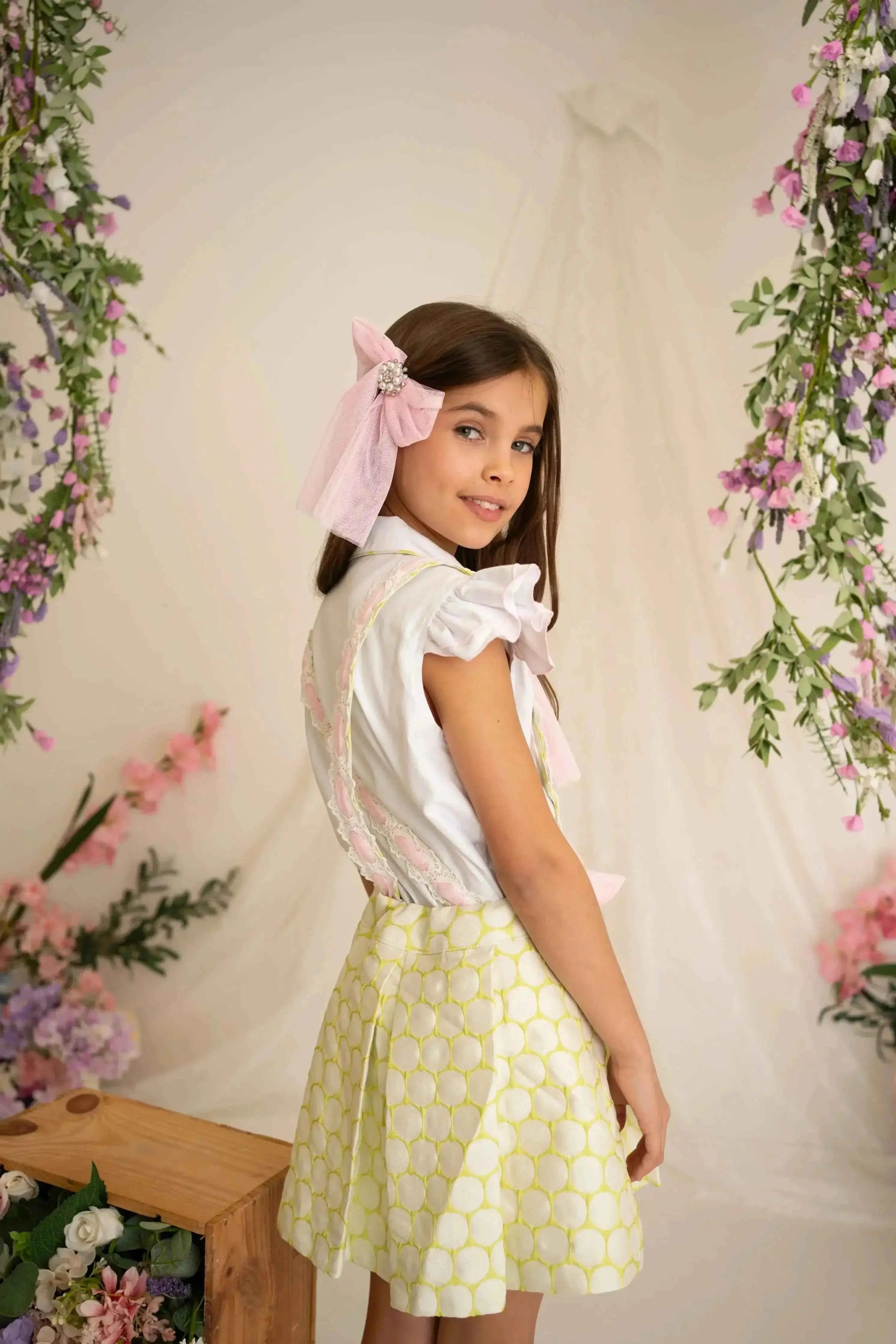 SS26 Naxos Girls Lime & Pink Shirt & Pinafore Dress
