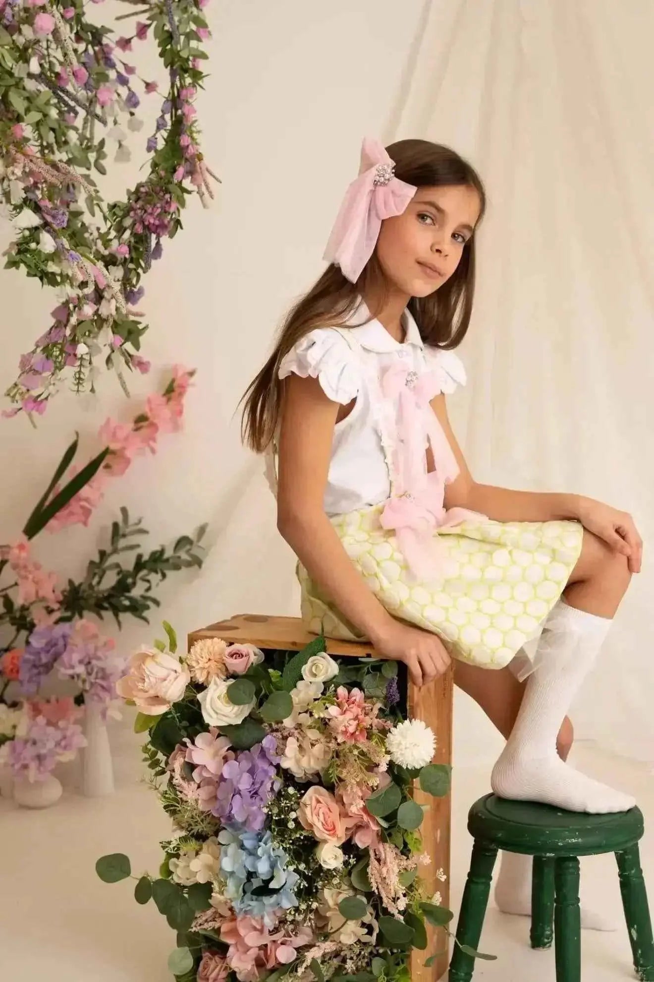 SS26 Naxos Girls Lime & Pink Shirt & Pinafore Dress