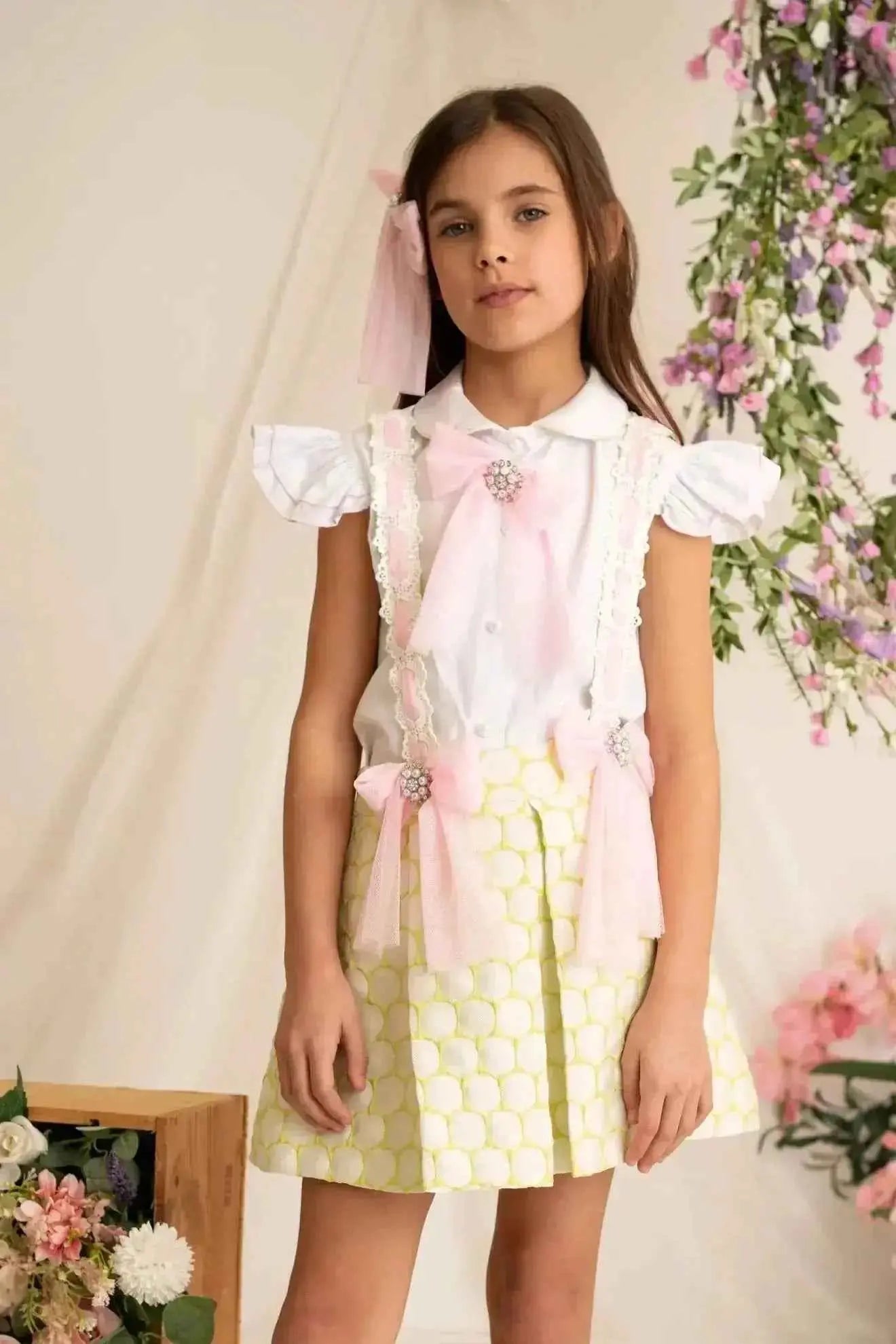 SS26 Naxos Girls Lime & Pink Shirt & Pinafore Dress