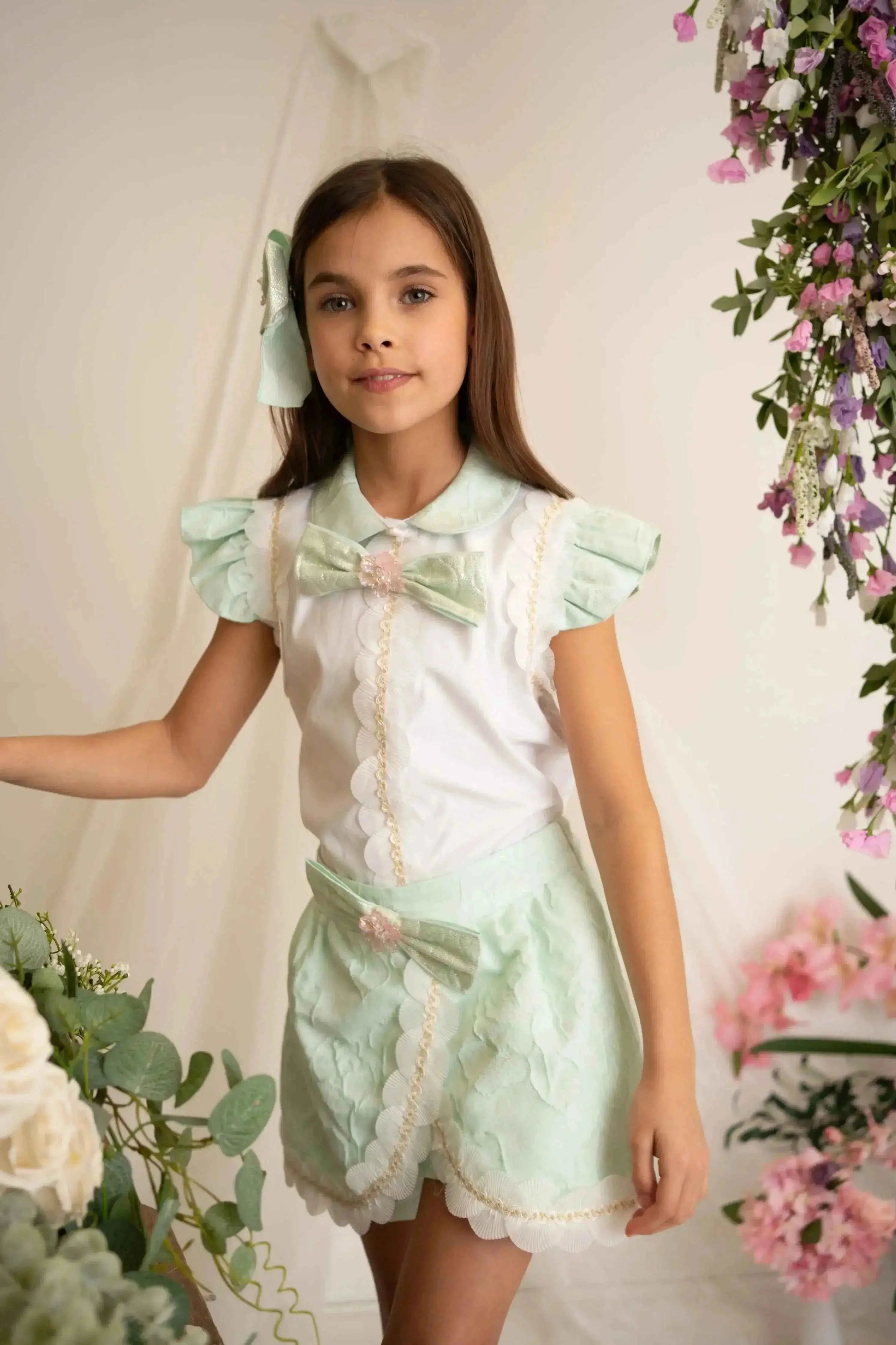 SS26 Naxos Girls Mint & Pink Shirt & Skort Set