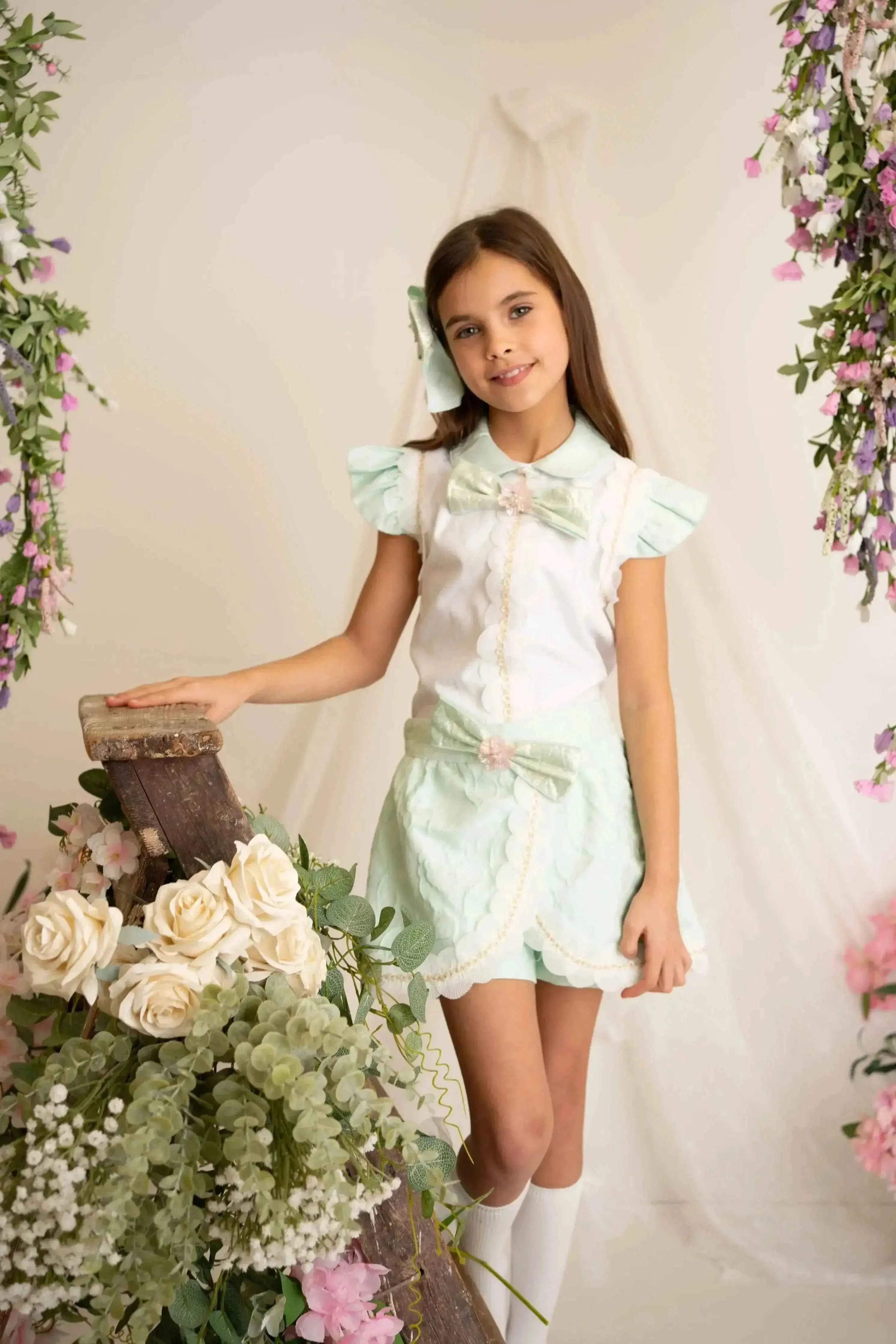 SS26 Naxos Girls Mint & Pink Shirt & Skort Set