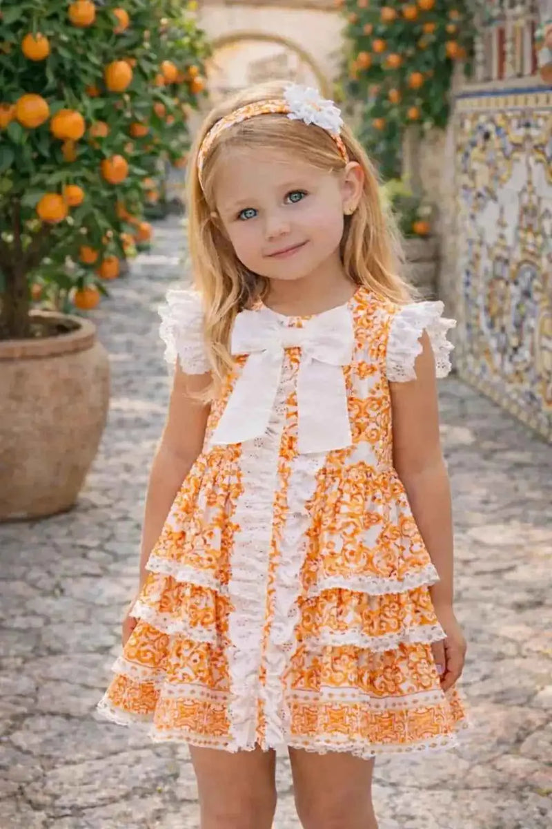 CARAMEL GINGER DRESS ８Y SS26 Rochy Girls Orange D&G Print Summer Dress - Spanish Designer