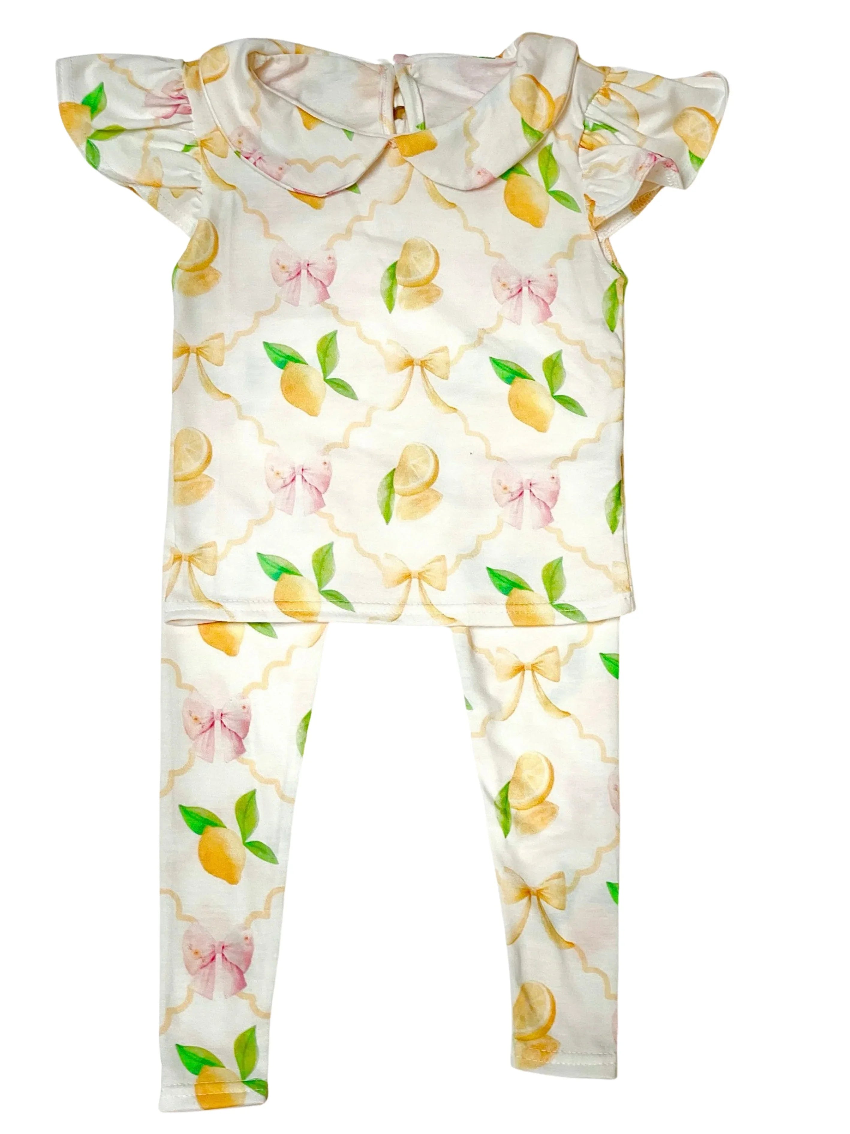 Vintage lemons soft touch loungewear set for kids with ruffle sleeves and peter pan collar
