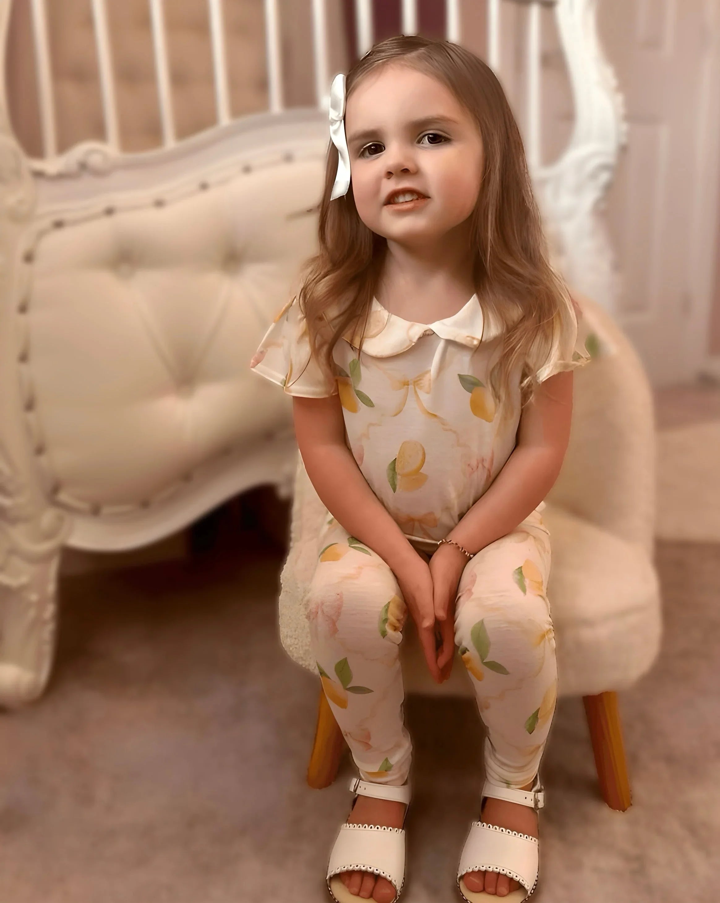 Little girl wearing vintage lemon print loungewear set and white sandals sitting on small chair