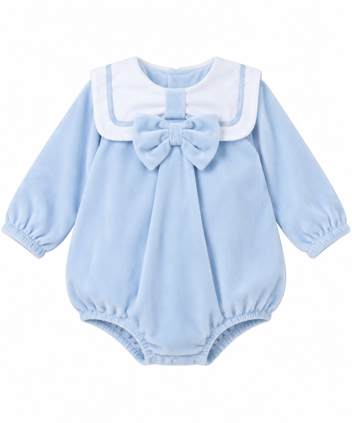Baby girls’ baby blue velour romper with white sailor collar, blue piping, oversized matching bow and long sleeves on a white background.