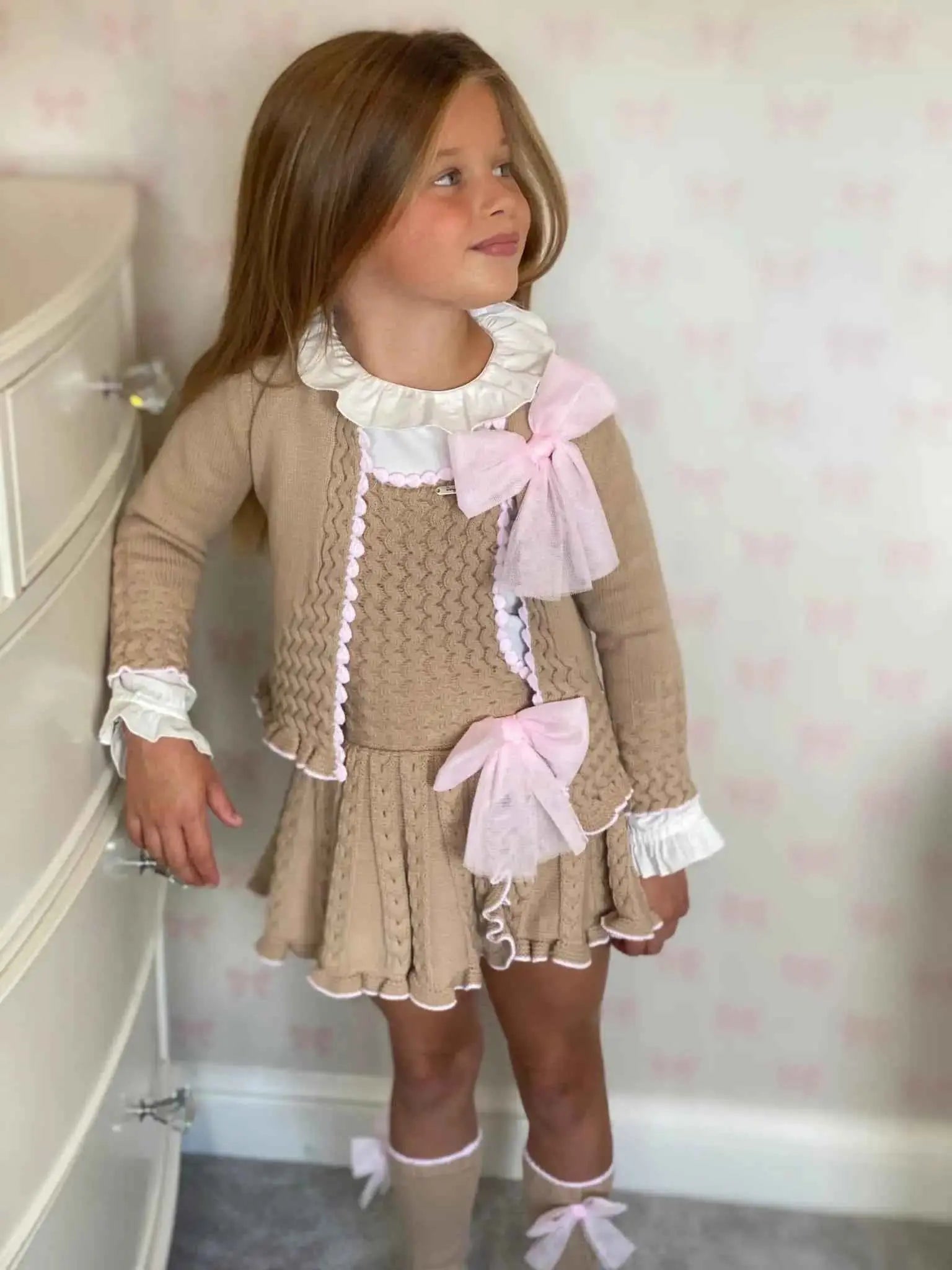 AW26 Rahigo EXCLUSIVE Camel & Pink Pinafore with Cardigan, Bow & Socks