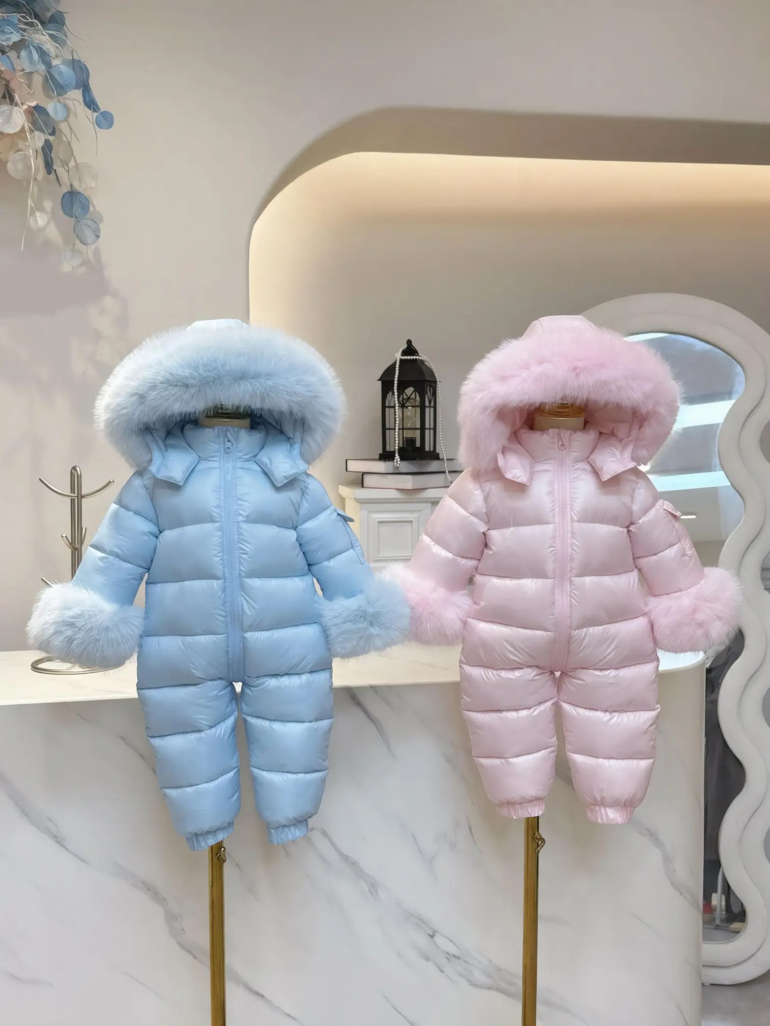 Baby Pink Detachable Fur Cuff Snowsuit - In Stock Dainty Delilah