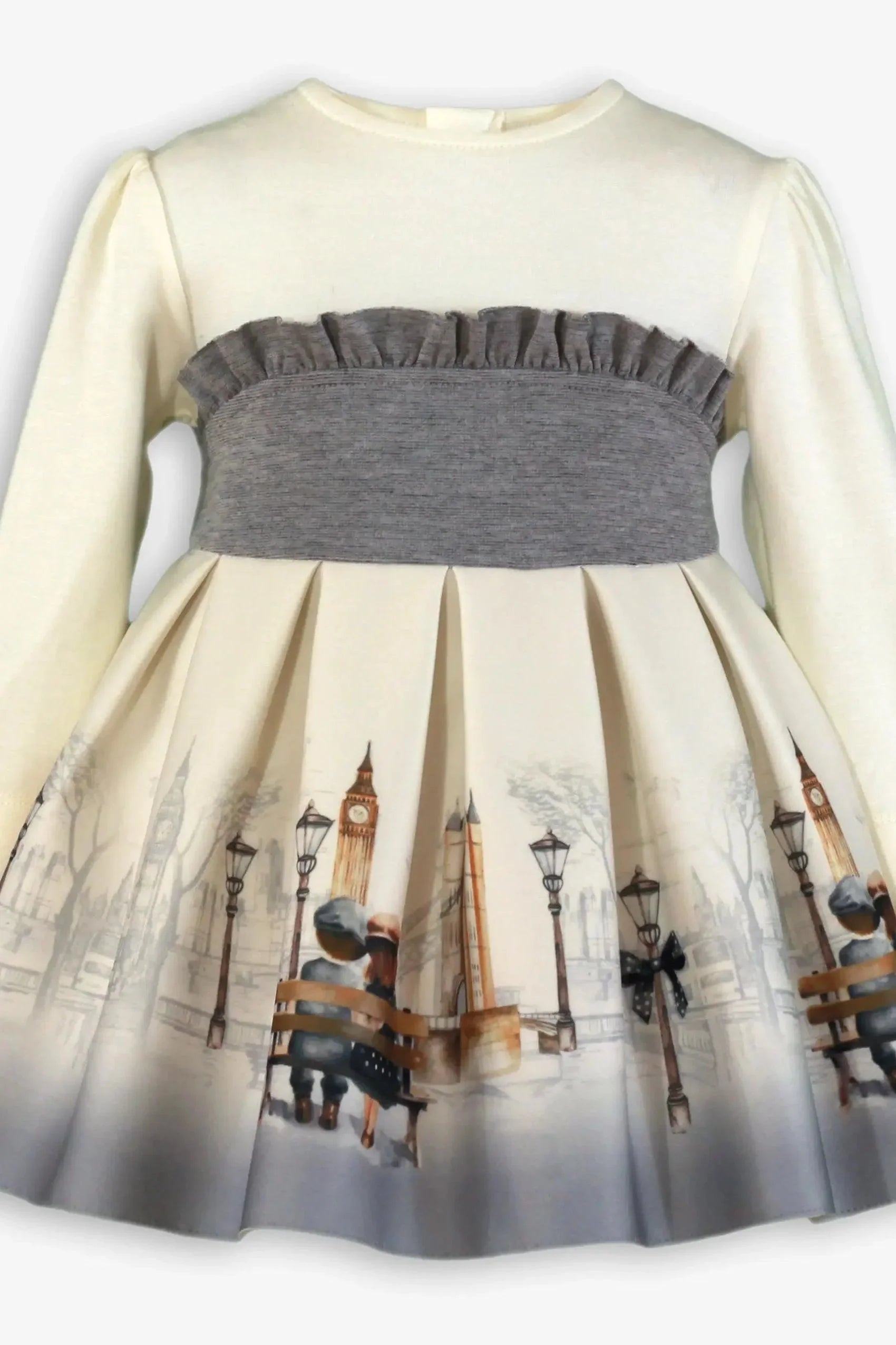 Cream and gray long sleeve girl's dress with London cityscape and couple on bench print