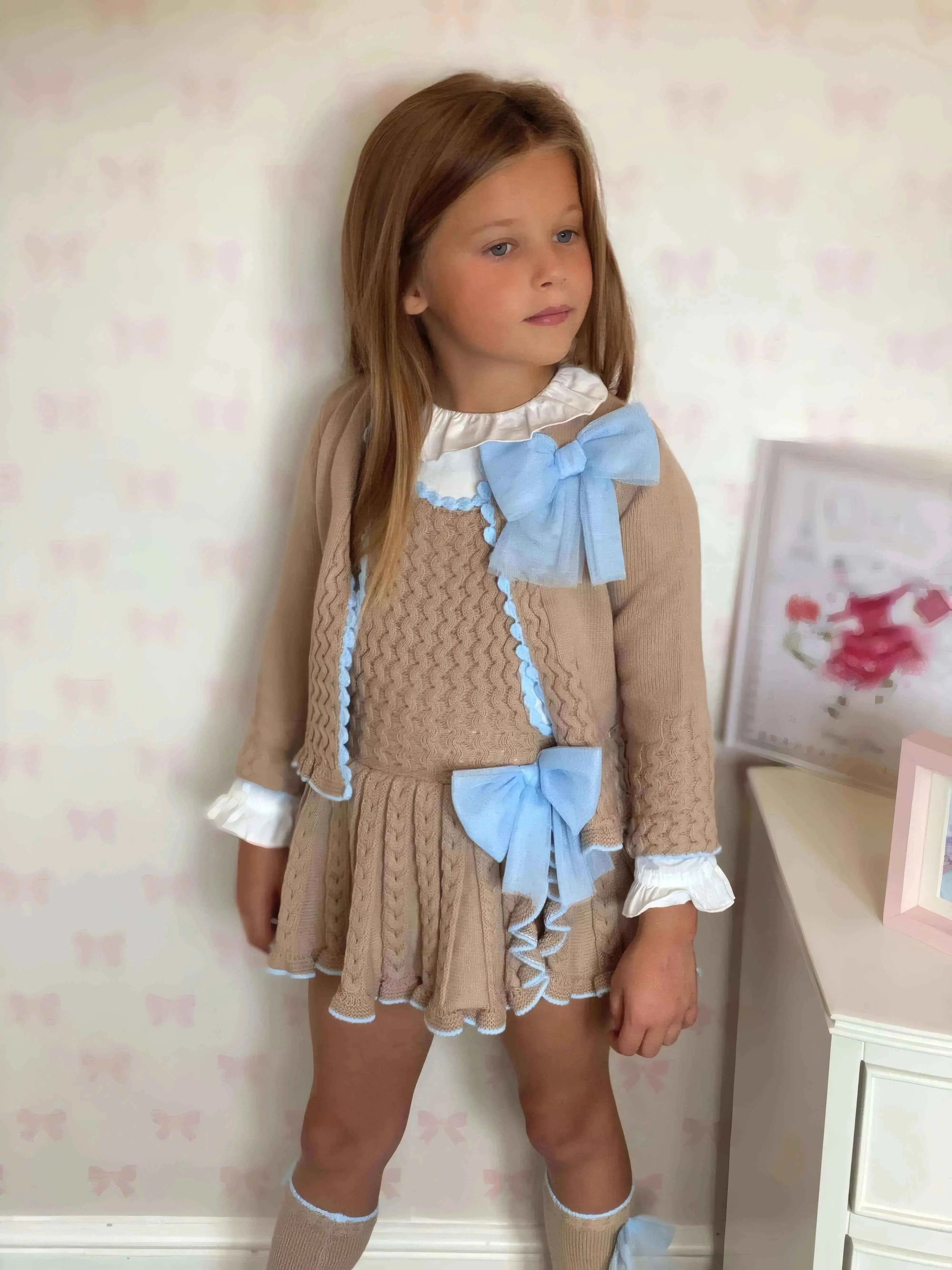 AW26 Rahigo EXCLUSIVE Camel & Blue Pinafore with Cardigan, Bow & Socks