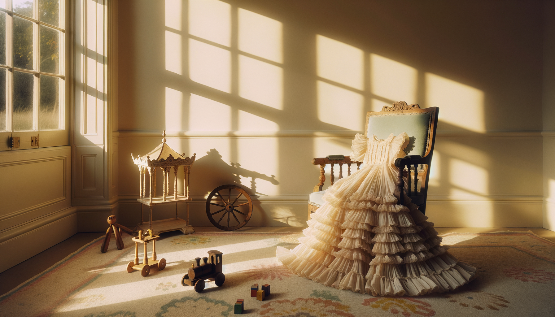 softly lit nursery with a frilled spanish dress and vintage wooden toys