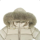 Beige puffer jacket with fur-lined hood and front zipper closure