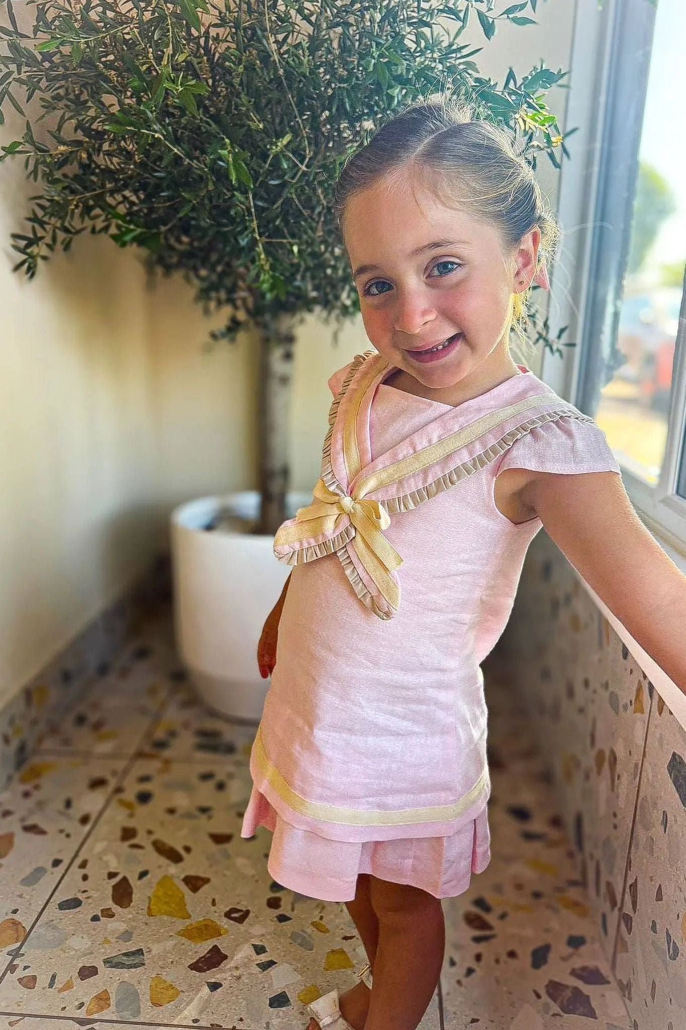 Exclusive Girls Pink Linen Sailor A Line Dress Basmarti