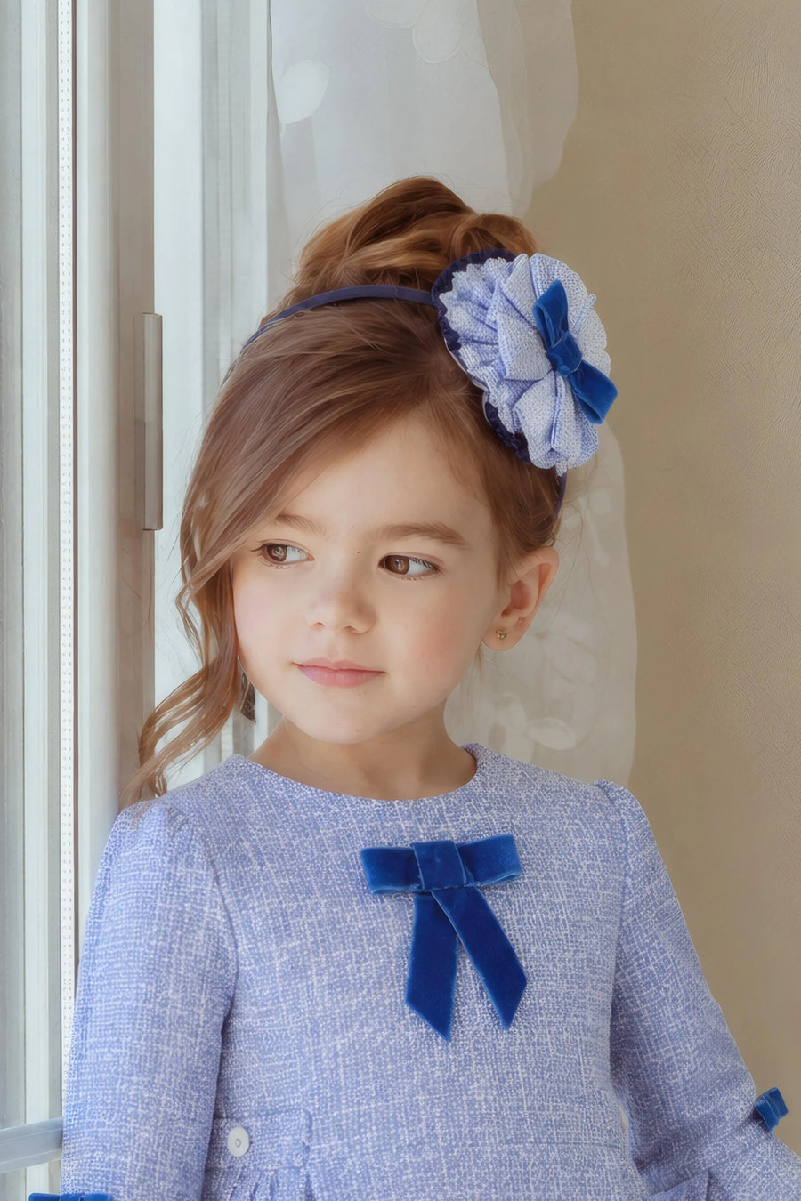 AW26 Miranda Girls Blue Tweed Headband with soft blue tweed bow, white bow, and blue velvet center. Available in sizes running slightly small.