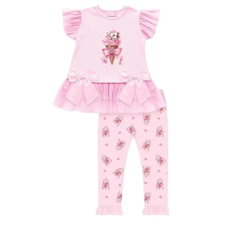 SS26 Girls Pink Tulle Ice Cream T-Shirt & Legging Set Dainty Delilah