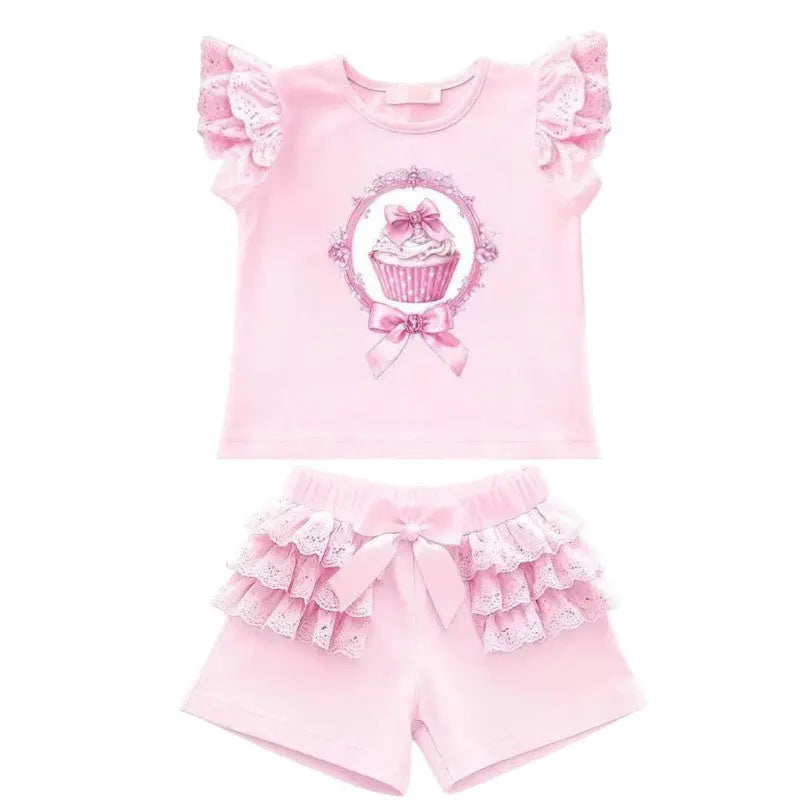 Girls Pink Cupcake Frilly Summer T-Shirt & Short Set Dainty Delilah
