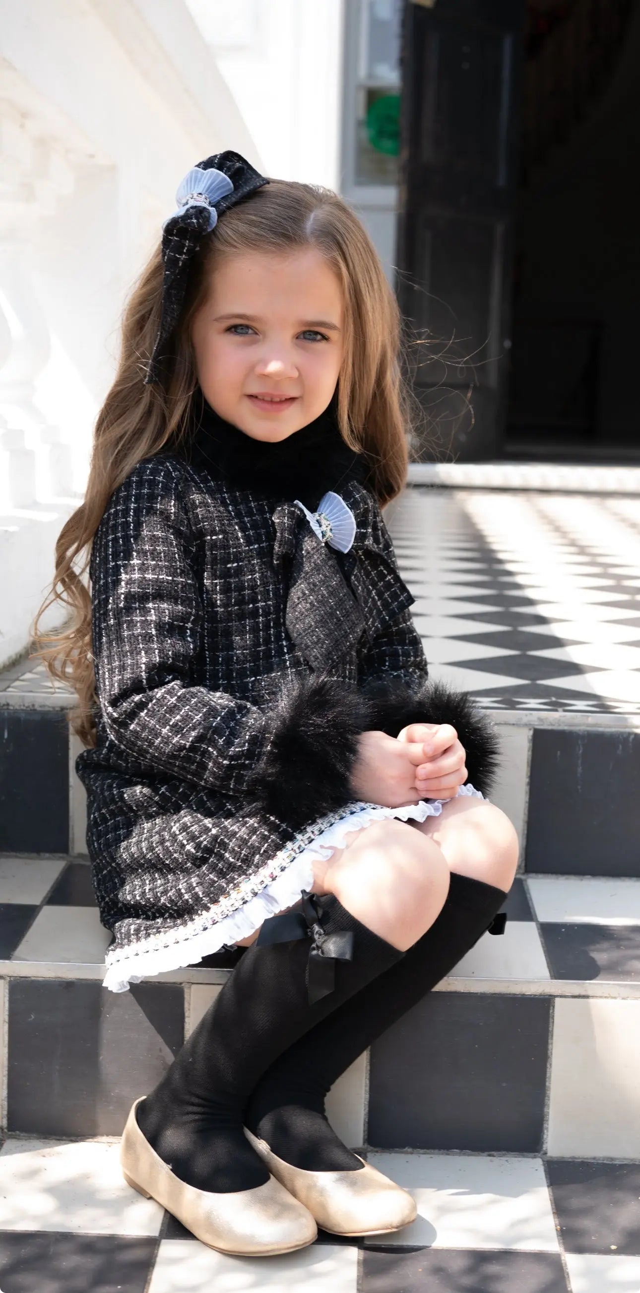 AW25 Naxos Girls Black Fur Tweed Dress Naxos